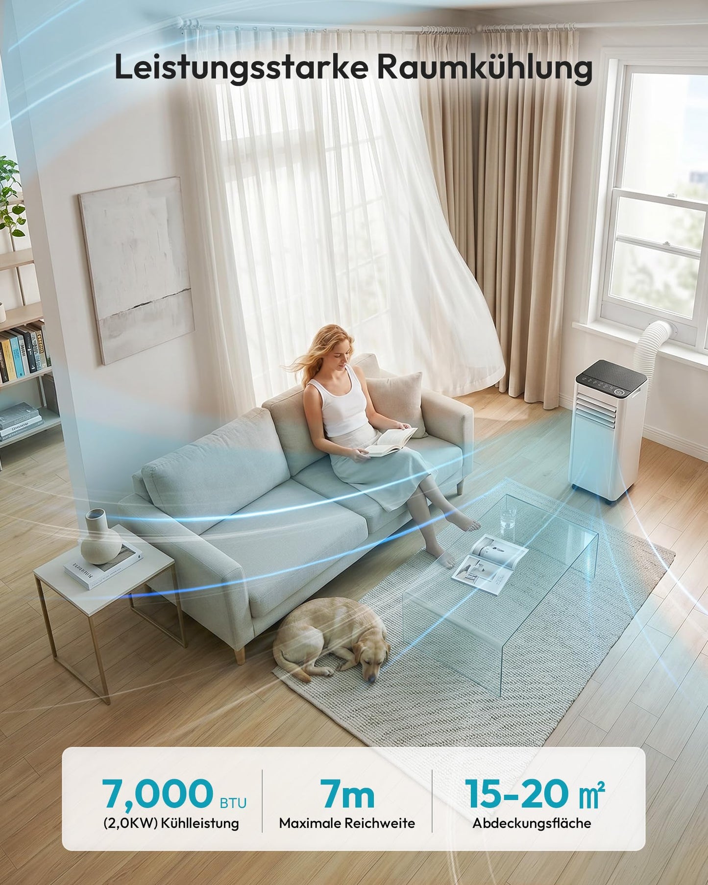 Air conditioning mobile - air conditioning unit with exhaust hose 7000 BTU | 4-in-1 mobile air conditioner | Quiet operation | Digital display + remote control | Window installation kit | 24h timer | For rooms up to 20 m² - OL-A016FF20N2