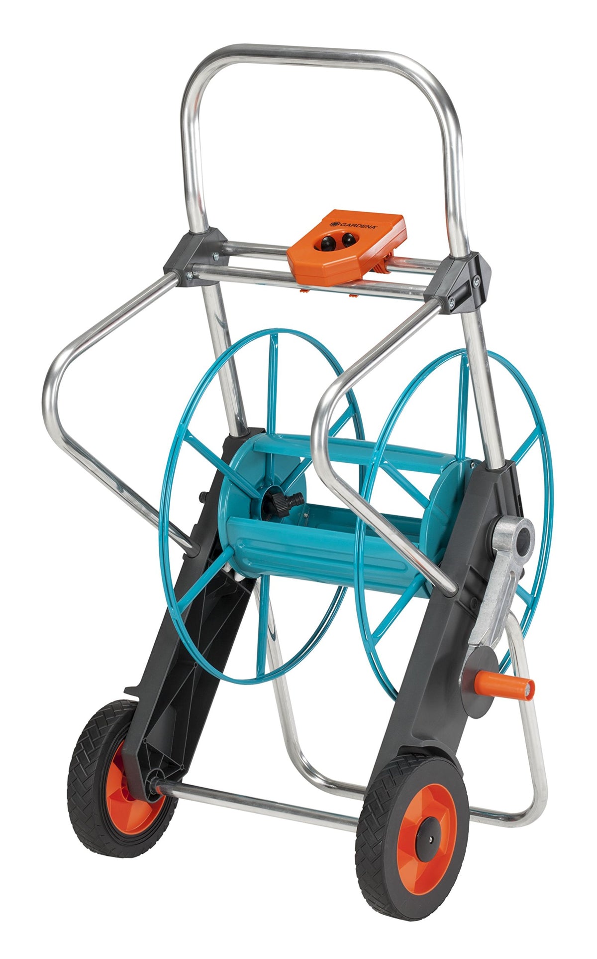Gardena Metal Hose Cart 100: Sturdy, coated hose reel, angled hose connection, drip stop, Max. 100 m 1/2 inch, 80 m 5/8 inch, 50 m 3/4 inch, 25 m 1 inch (2674-20) - 2674-U