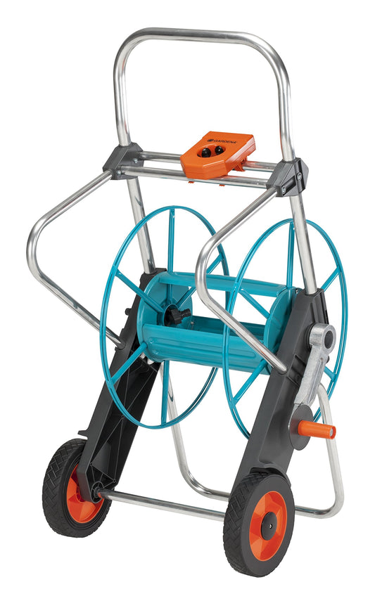 Gardena Metal Hose Cart 100: Sturdy, coated hose reel, angled hose connection, drip stop, Max. 100 m 1/2 inch, 80 m 5/8 inch, 50 m 3/4 inch, 25 m 1 inch (2674-20) - 2674-U