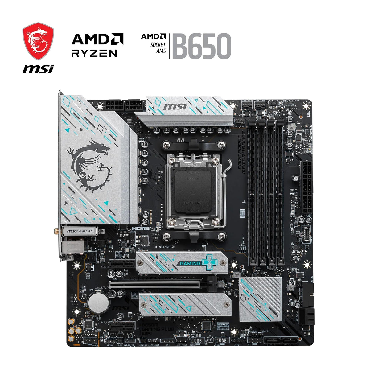 Placă de bază MSI B650M Gaming Plus WiFi, mATX - Suportă procesoare Ryzen 9000, 8000 și 7000, AM5 - Memorie DDR5 Boost 7800+ MHz/OC, PCIe 4.0 x16, M.2 Gen4, Wi-Fi 6E - 7E24-001R
