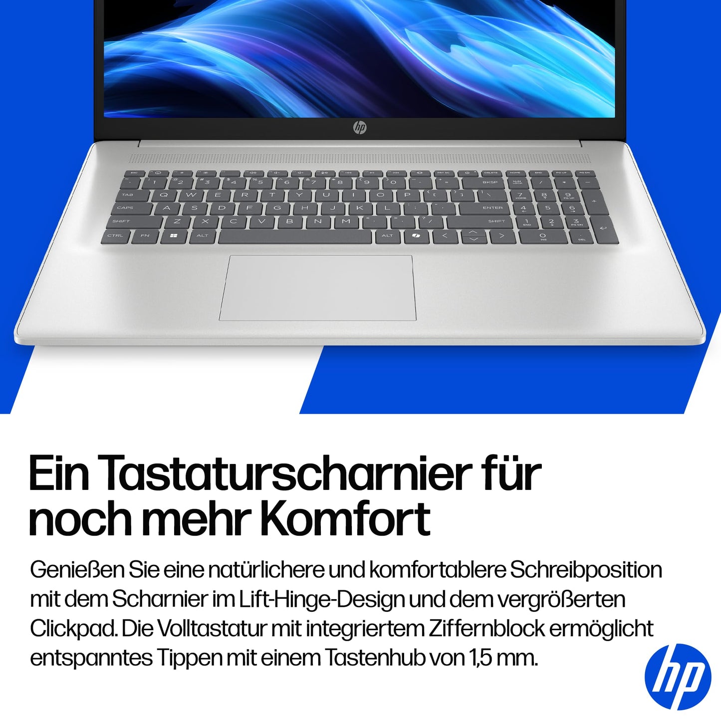 HP laptop with 17.3" FHD display, Intel Core i7-1355U, 16 GB DDR4 RAM, 1 TB SSD, Intel Iris graphics, Windows 11, QWERTZ, silver incl. 25 GB Dropbox storage for 12 months - BZ8R5EA#ABD