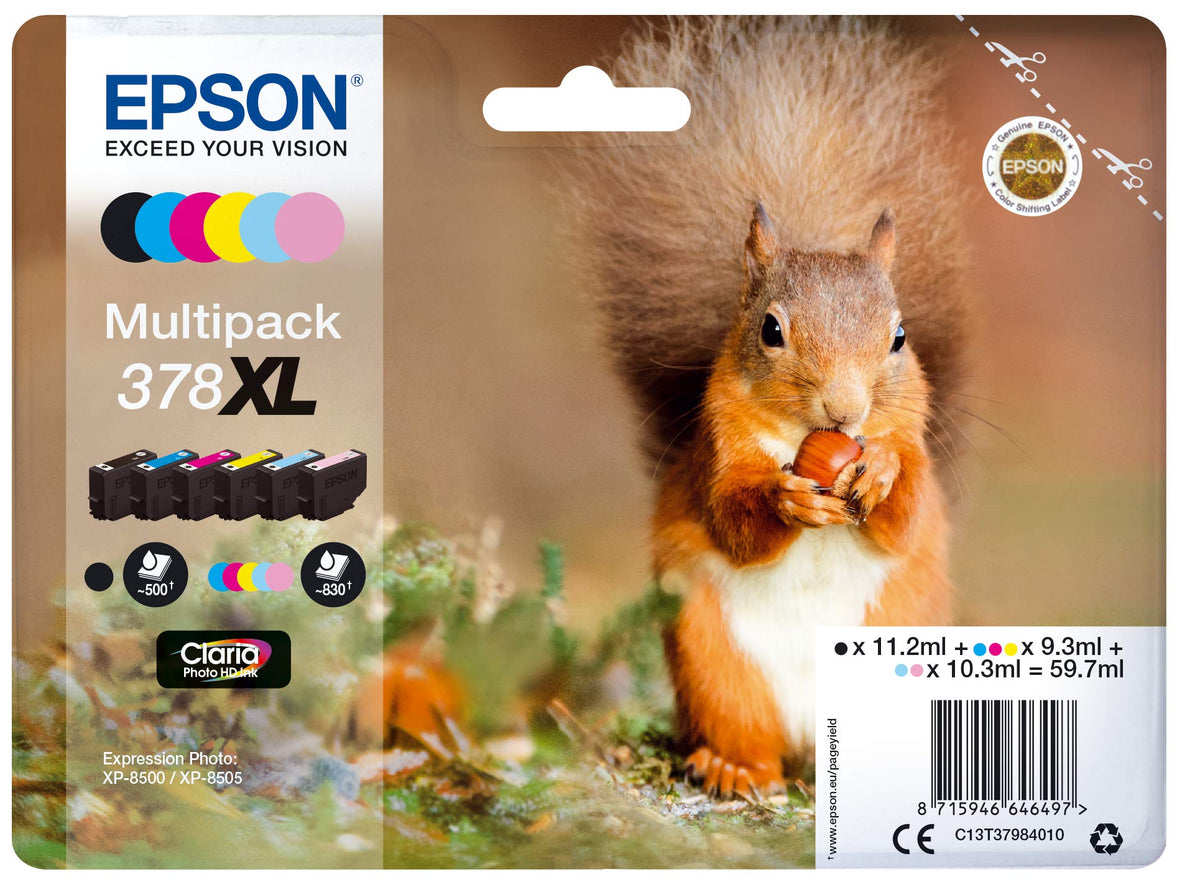 Epson EP64649 Original 378XL Ink Squirrel XP-8500 XP-8600 XP-8605, Amazon Dash Replenishment capable (Multipack, 6-color) - C13T37984010