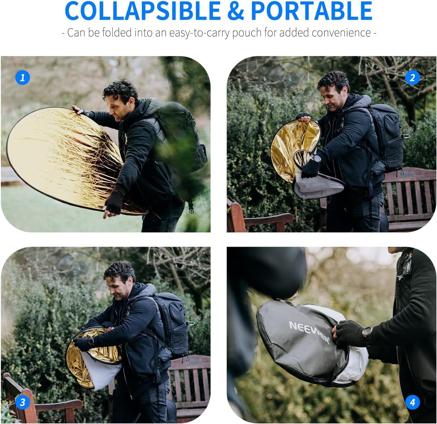 NEEWER 110cm Light Reflector Diffuser 5 in 1 Foldable Multi Disc with Bag - Translucent, Silver, Gold, White and Black, Photo Reflector for Outdoor Studio Photography Lighting, RF-110 - 10000076