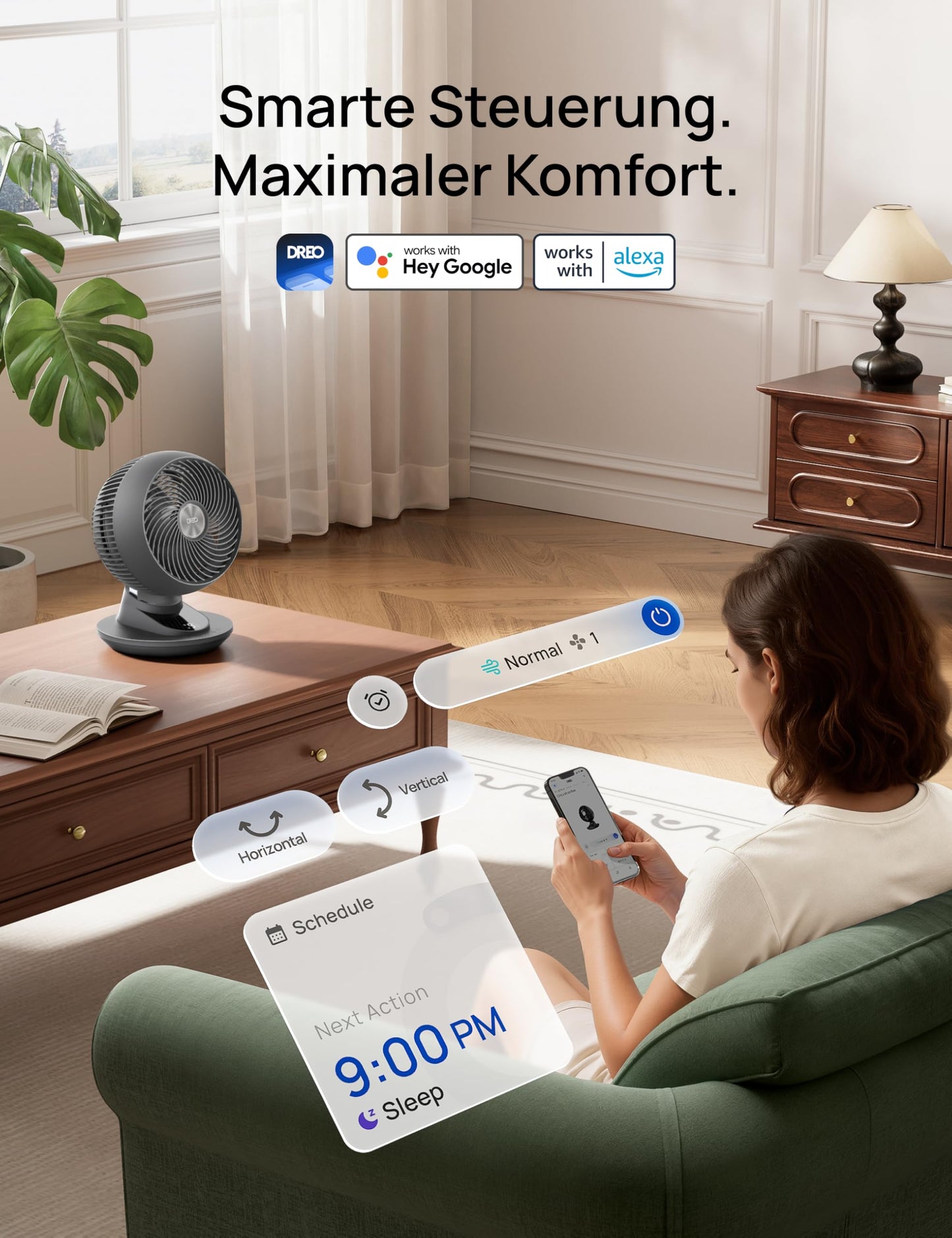DREO 3D table fan, very quiet 22 dB, small fan with remote control, 8.8 m/s strong airflow, 90° oscillation, app & voice control, 9 levels, 8/12h timer for bedroom & office - DR-HAF008