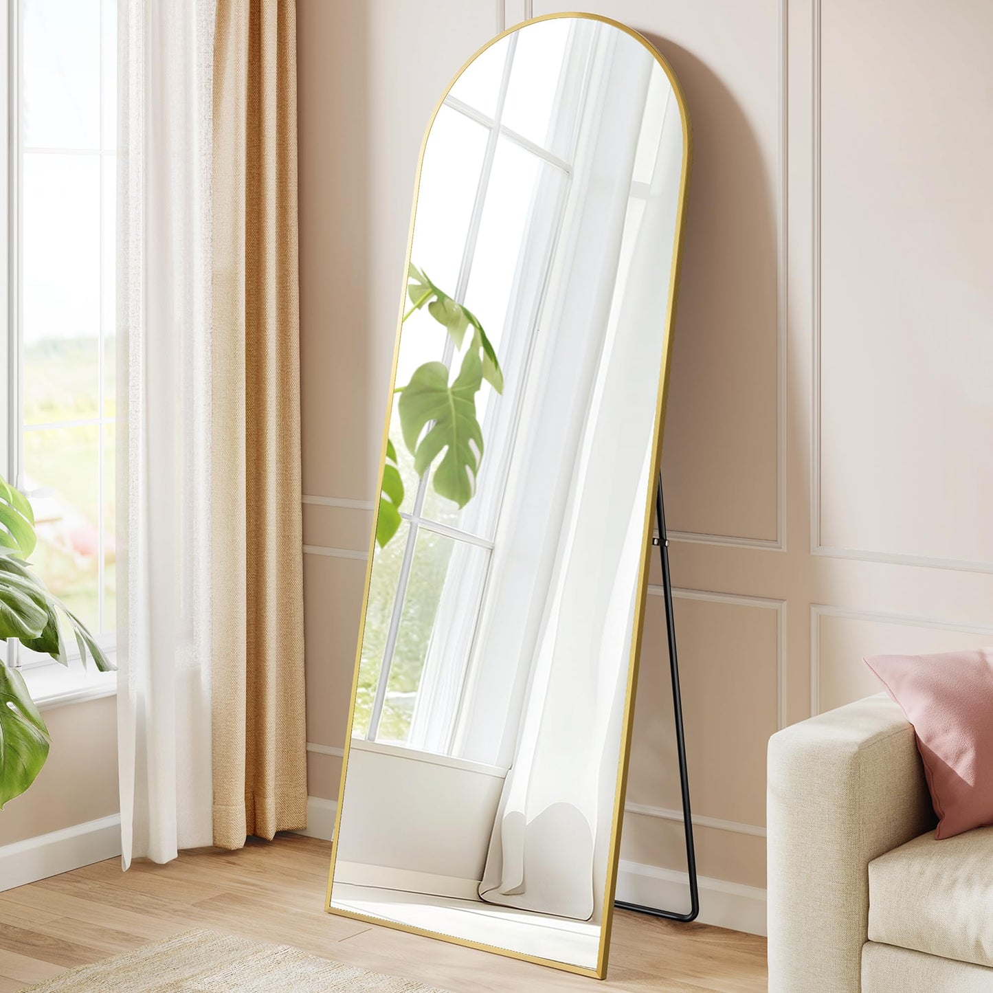SONGMICS Full Length Mirror 160x50cm Curved Standing Mirror Aluminum Alloy Frame Tempered Glass for Bedroom Living Room Cloakroom Pale Gold LFM031A01 - ULFM031A01