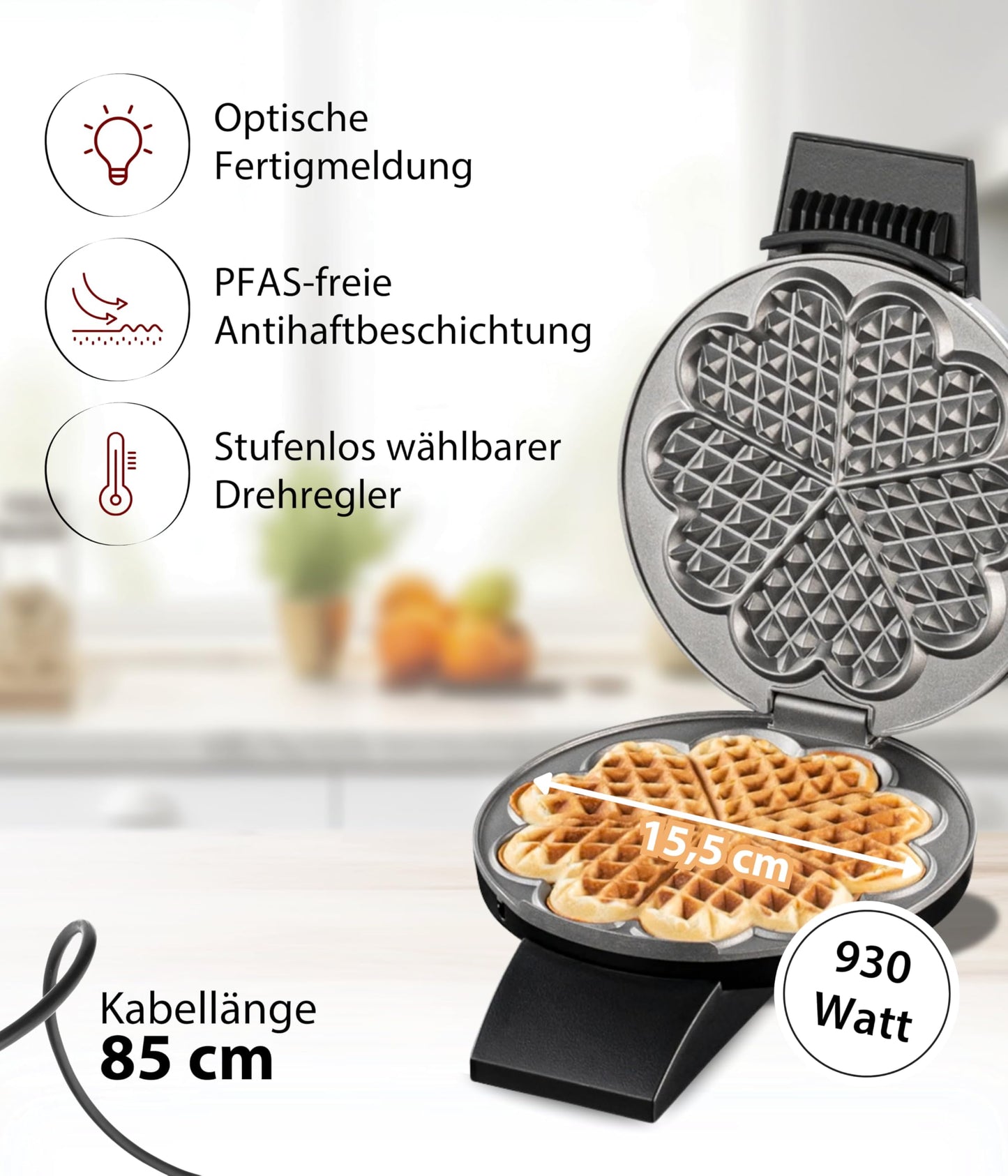 Cloer 1620 waffle iron for classic heart waffles, 930 W, waffle size 15.5 cm, continuously selectable browning level, black