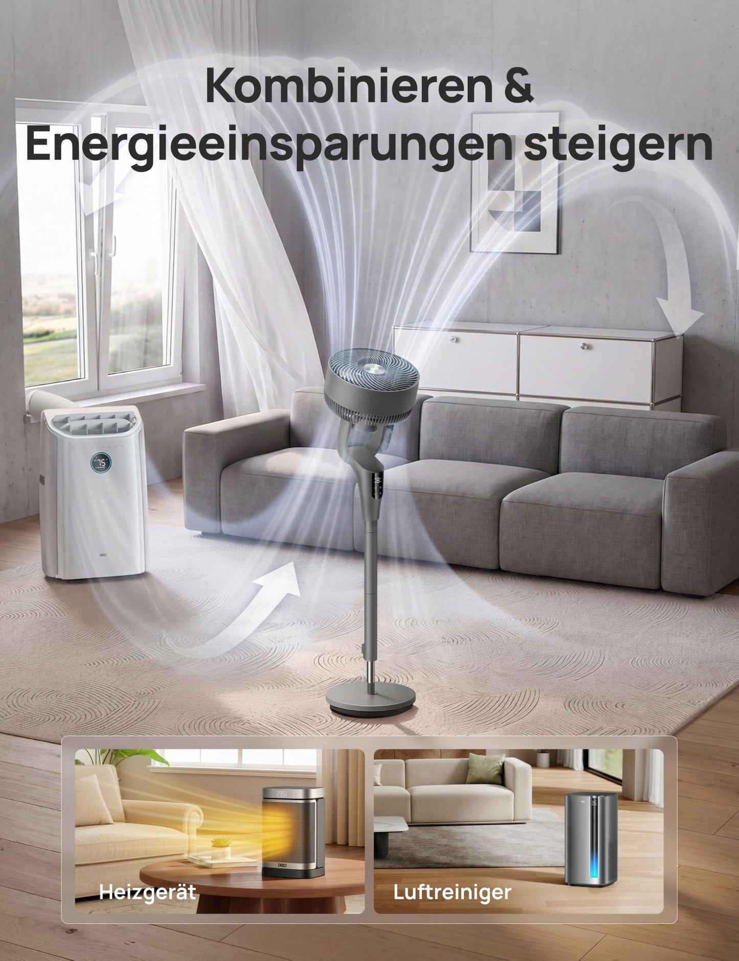DREO Quiet Stand Fan for Bedroom [Improved], 27m Airflow, Quiet, 90° Oscillating, DC Motor, 8 Speeds, 3 Modes, 96-106cm Height Adjustable, 8H Timer, 105° Manual Tilt - DR-HPF013