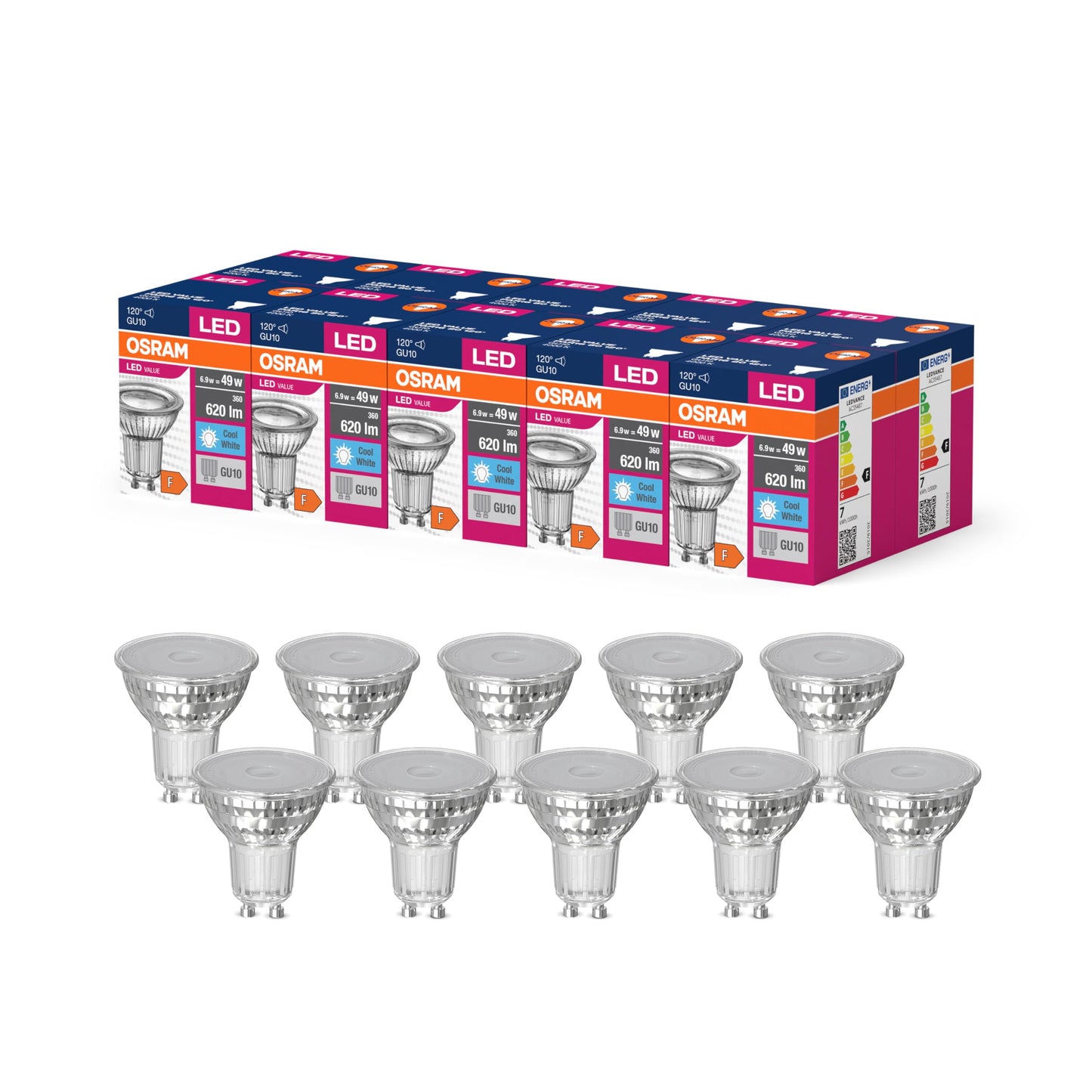 Osram LED Star Value PAR16 LED lamp for GU10 base, reflector lamp, GL, 620 lumens, cold white (4000K), replacement for conventional 49W light bulbs, not dimmable, pack of 10 - 4058075096738