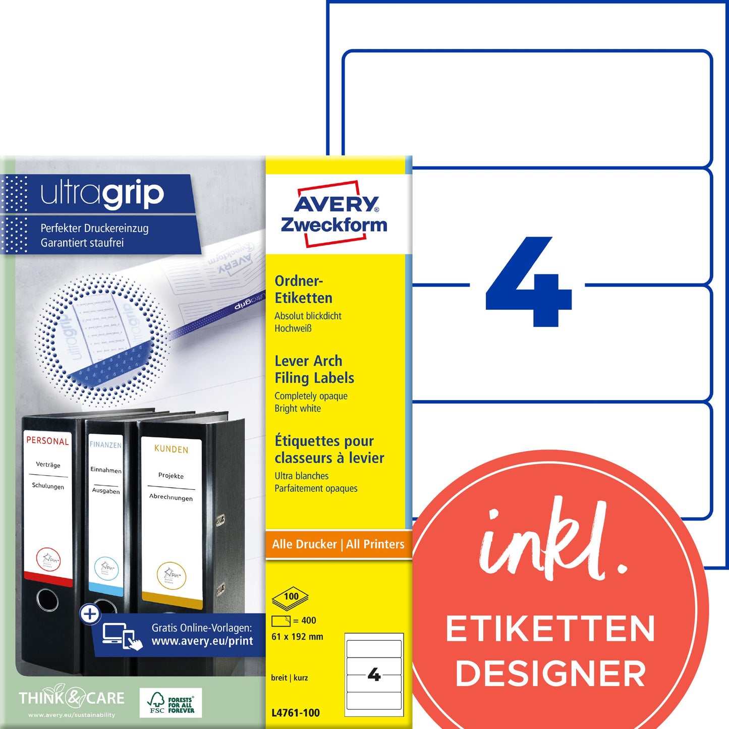 AVERY Zweckform L4761-100 folder spine labels (400 spine labels with ultragrip, 61x192mm on A4, wide/short, self-adhesive, completely opaque, printable folder labels) 100 sheets, white