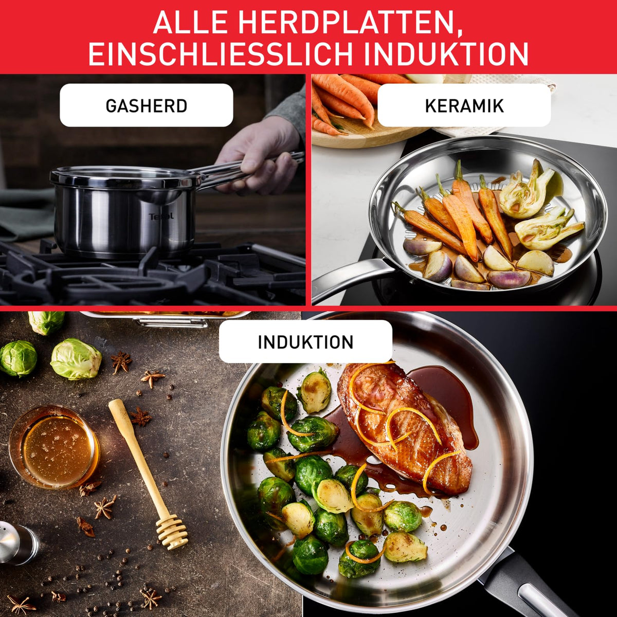 Set de tigăi Tefal Duetto On, 3 piese, 20/24/28 cm, cu acoperire ceramică antiaderentă Go Ceram, Thermo-Signal, mâner fixat, potrivit pentru toate tipurile de plite, oțel inoxidabil, G766S334
