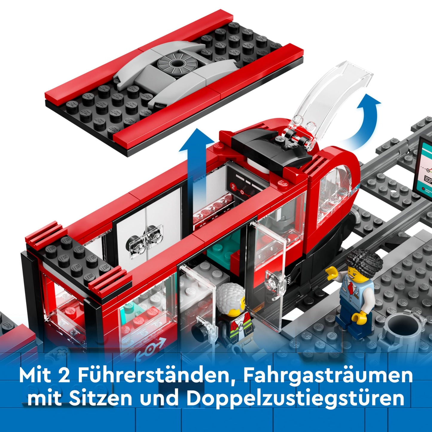 LEGO City tram with stop, gift idea for fans of vehicle toys aged 7 and over, with 6 minifigures and a guide dog for role play, building toy 60423