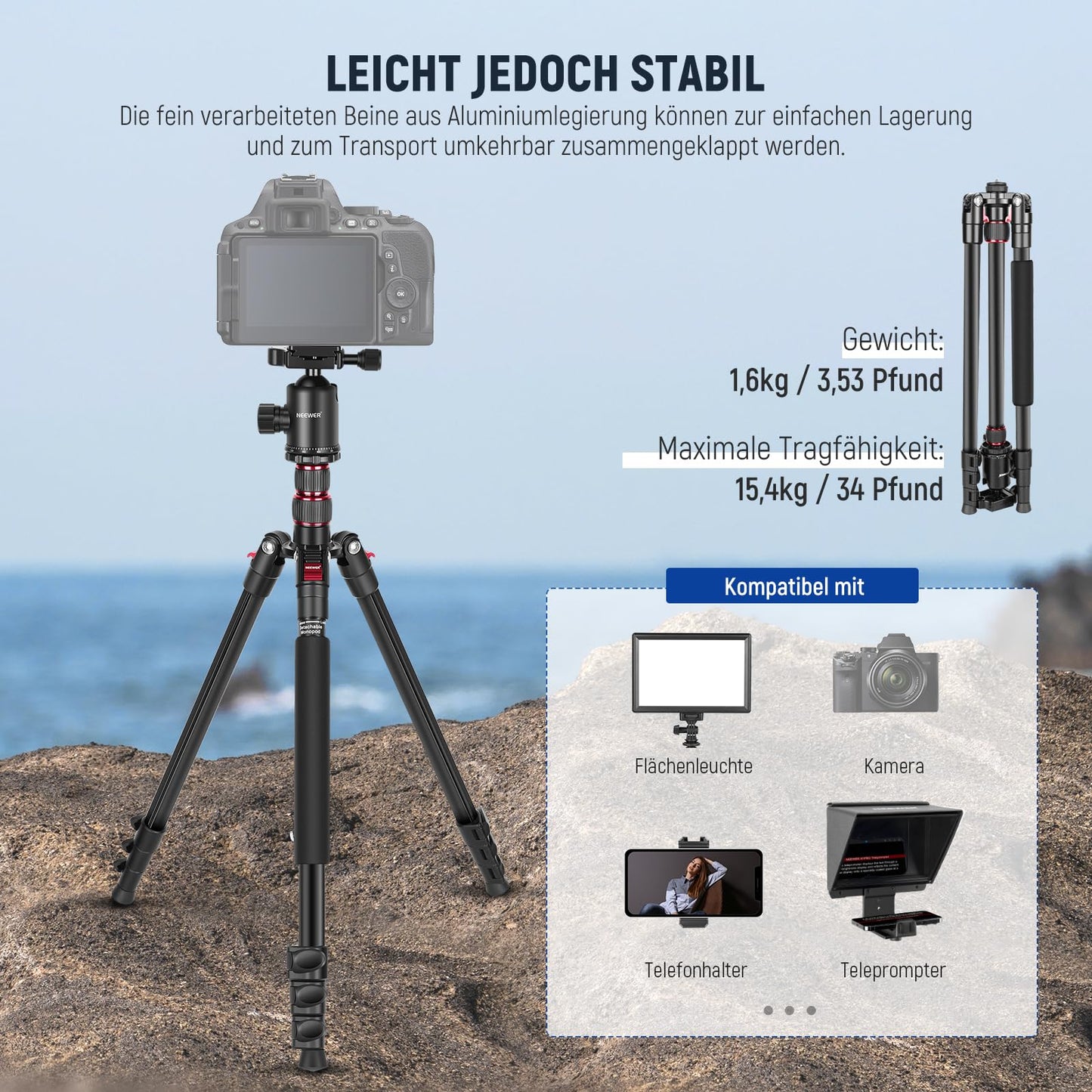 NEEWER 77" camera tripod monopod for DSLR, smartphone with 360° panoramic ball head, 2 axis center column, Arca type quick release plate, bag, compact, aluminum, max. load capacity 34lb, TP77