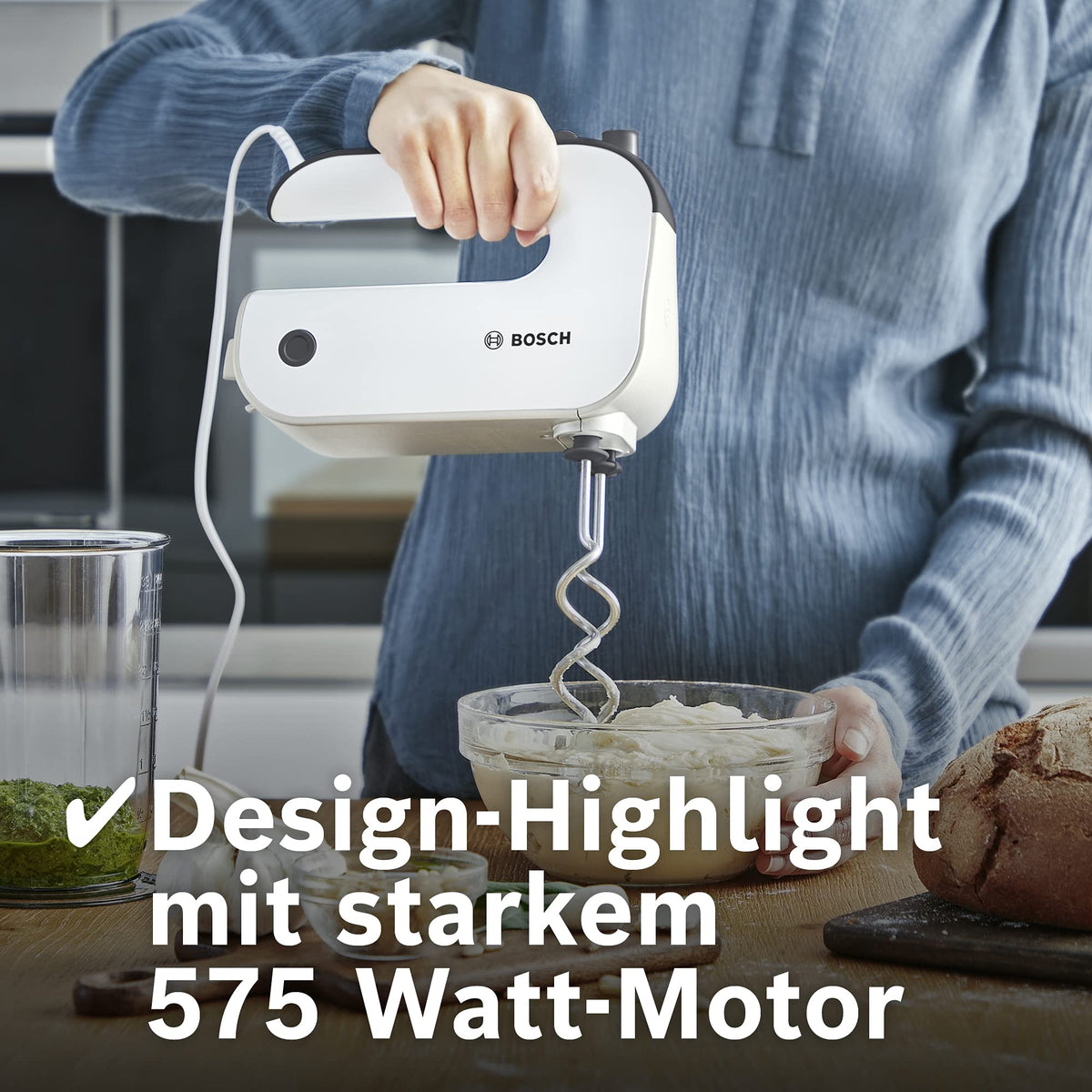 Bosch Hand Mixer Styline MFQ4835DE, 2x2 Whisks, 2 Stainless Steel Dough Hooks, Dishwasher Safe, 575 W, White