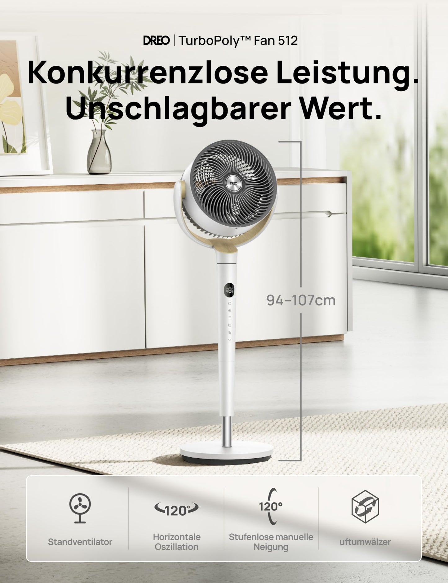DREO pedestal fan very quiet, large fan with remote control, 20dB silent fan with DC motor, 120° oscillating, 4 modes, 94-107cm height adjustable, floor fan, TurboPoly™ Fan 512, white