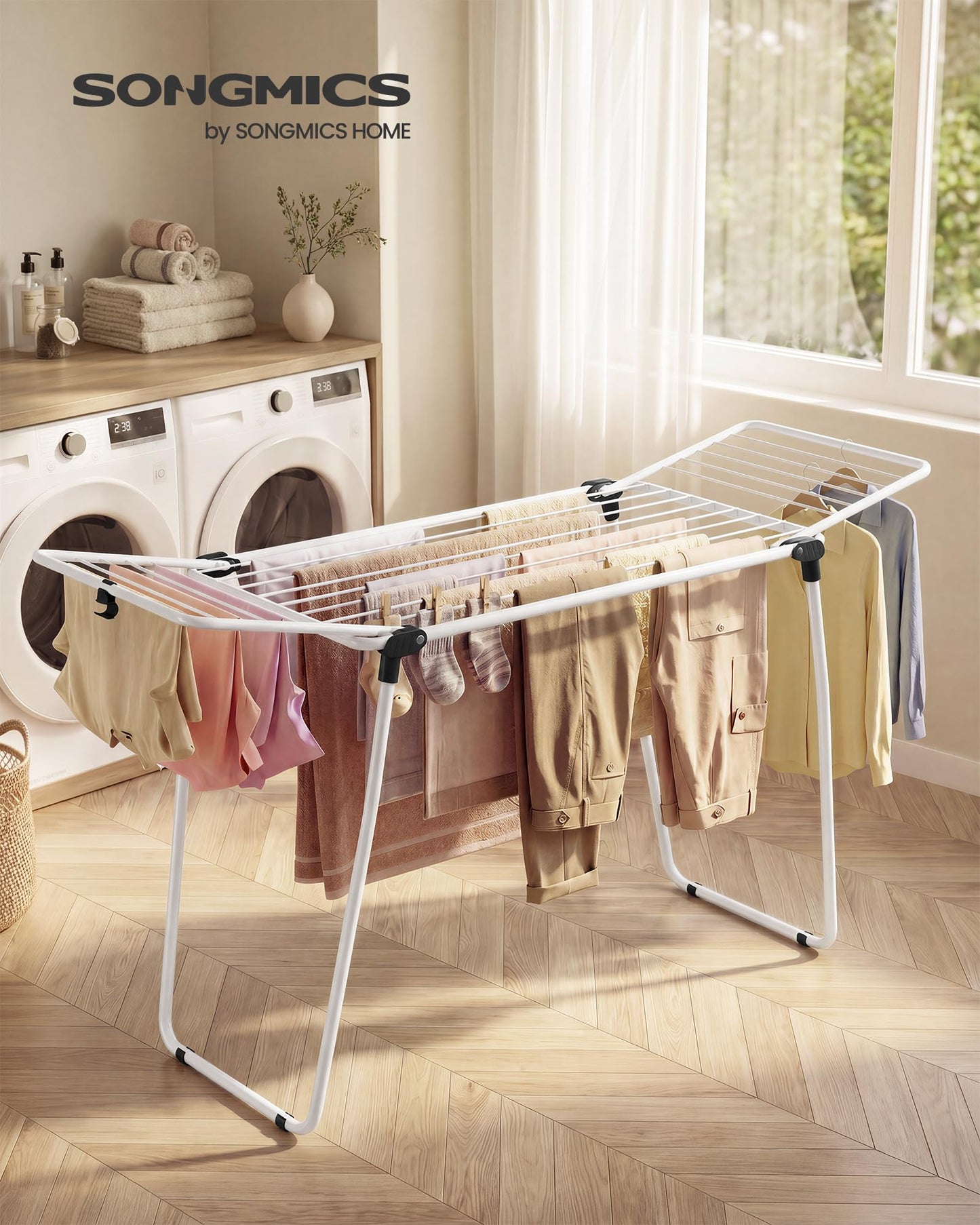 SONGMICS clothes airer, stand dryer 47 x 150 x 91 cm, wing clothes airer, wing clothes dryer space-saving, metal, for clothes, towels, white LLR520WK01