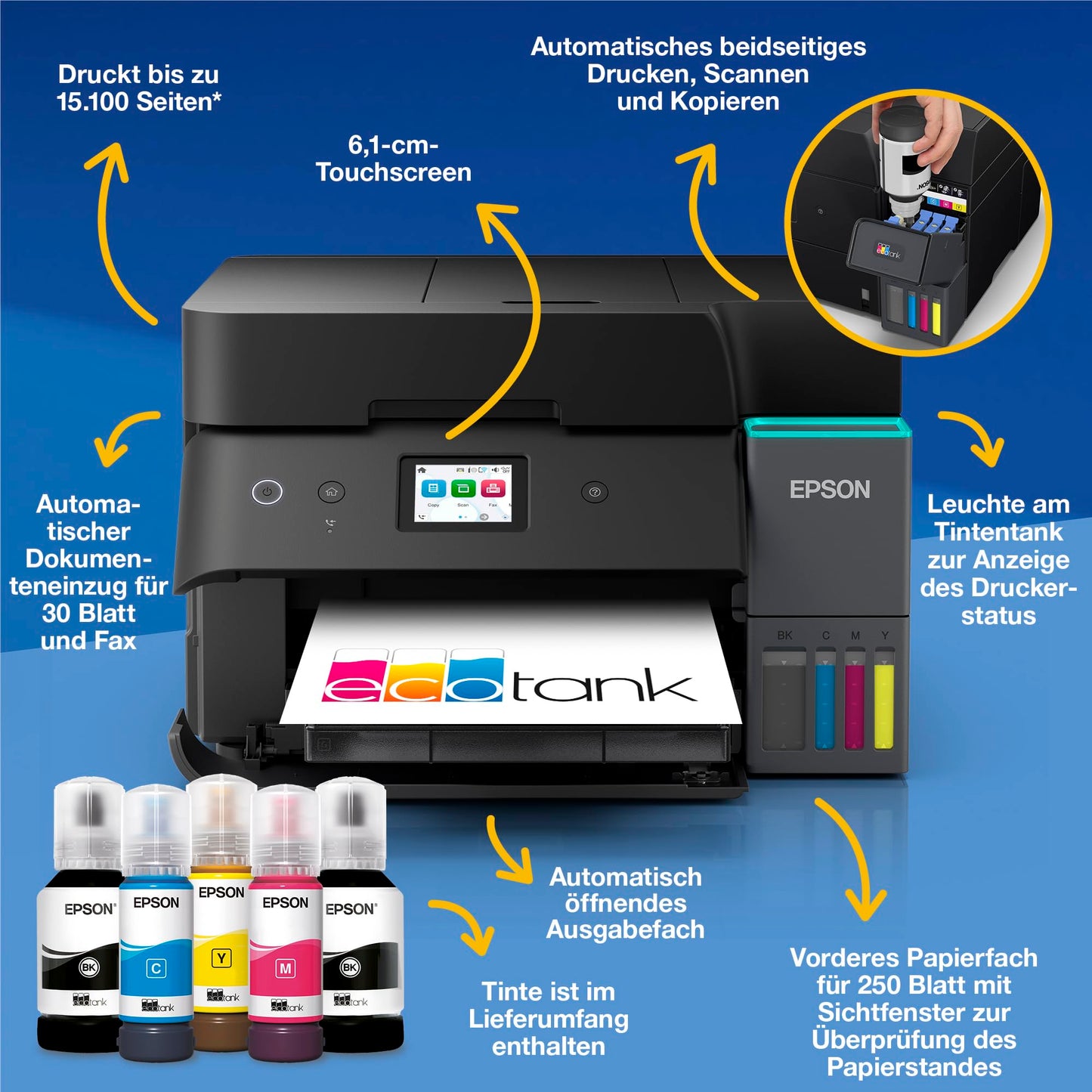 Epson EcoTank ET-4950 ink tank printer | for the home office | WiFi & Ethernet | A4 | (Duplex) printing, scanning, copying, faxing | 6.1 cm touchscreen | ADF | Includes ink for up to 3 years - C11CL40402