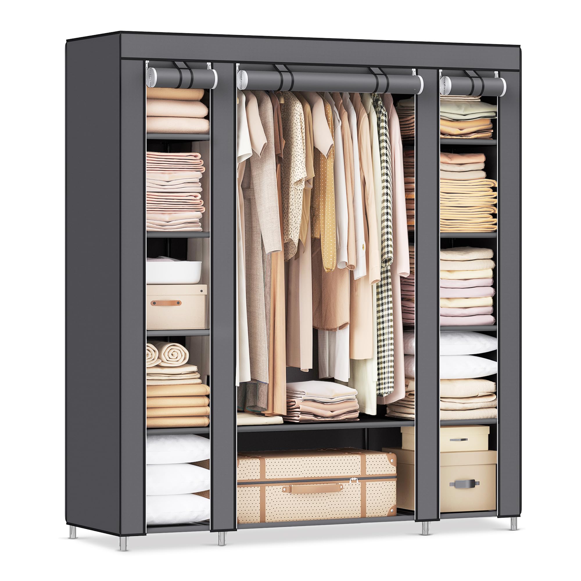 SONGMICS Wardrobe, Fabric Cupboard, 12 with Clothes Rail and Shelves, Sturdy Cupboard, for Bedroom, Dressing Room, 150 x 45 x 175 cm, Gray LSF03G