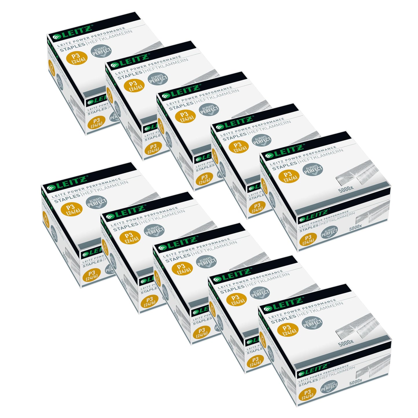 Leitz Power Performance P3 staples, 24 x 6 mm, pack of 10, 5000 pieces, galvanized metal, 54990000 - 54990000-10