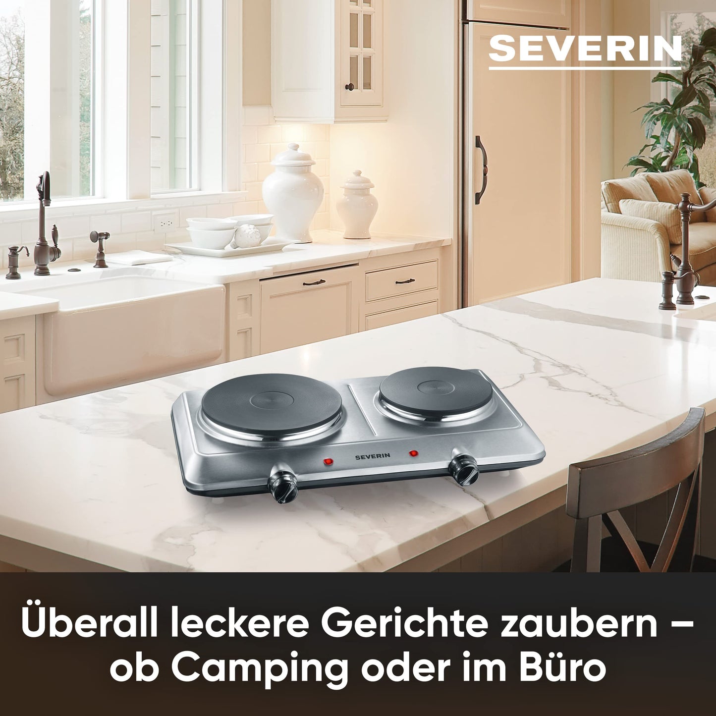 SEVERIN double hotplate for kitchen, office or camping, small hotplate with stepless temperature adjustment, camping stove for two pots, stainless steel, 2,500 W, DK 1014, white