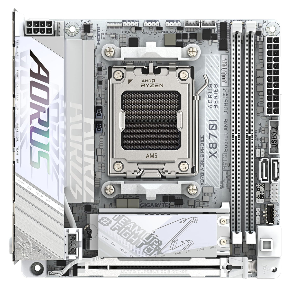 GIGABYTE X870I AORUS PRO Ice Placă de bază - Suportă procesoare AMD Ryzen din seria 9000, VRM cu 8+2+1 faze, până la 8400 MHz DDR5 (OC), 1xPCIe 5.0 M.2 + 1xPCIe 4.0 M.2, WI-FI 7, LAN 2,5 GbE, USB 4