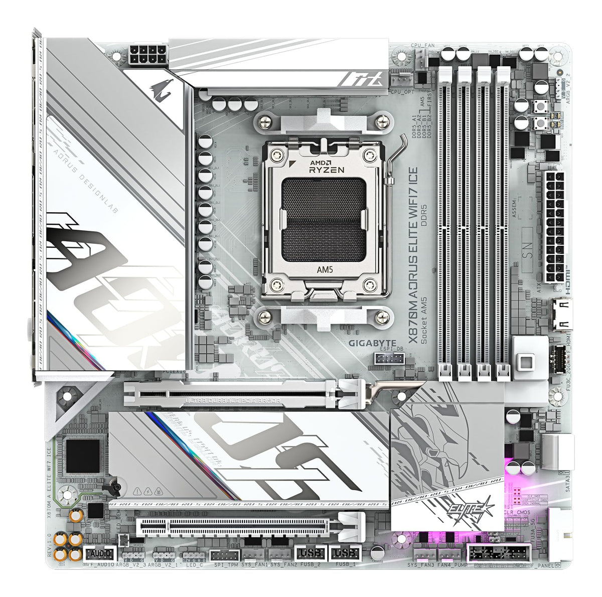 GIGABYTE X870M AORUS Elite WIFI7 Ice Mainboard – Supports AMD Ryzen 9000 CPUs, digital 14+2+2 phase VRM, up to 8200 Hz DDR5 (O.C), 1× PCIe 5.0 + 1× PCIe 4.0, Wi-Fi 7, 2.5 GbE LAN, USB 4