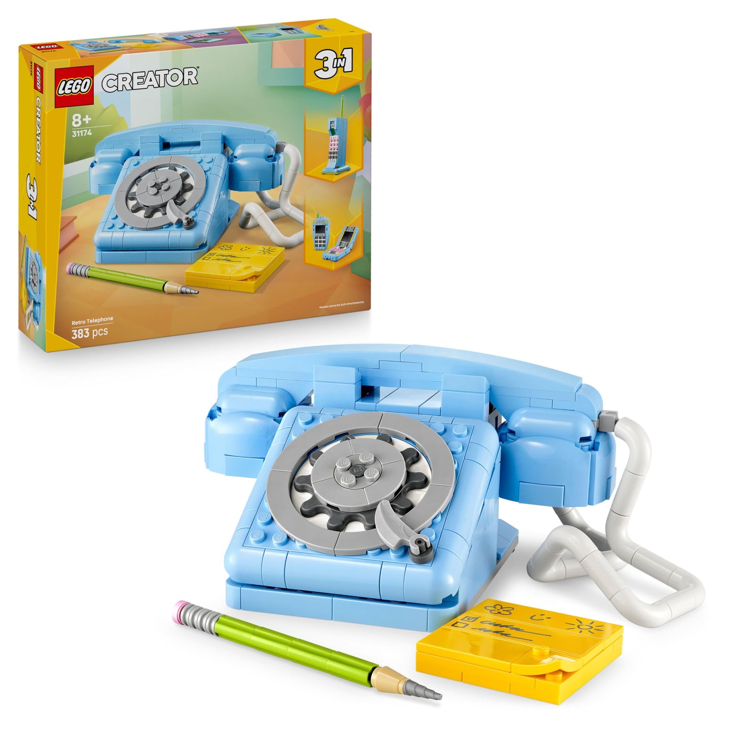 LEGO Creator 3in1 Retro Telephone Toy with Rotary Dial - Transforms into a 1980s Model or 2 Mobile Phones from the 2000s - Creative Gift for 8+ Year Old Girls & Boys - 31174