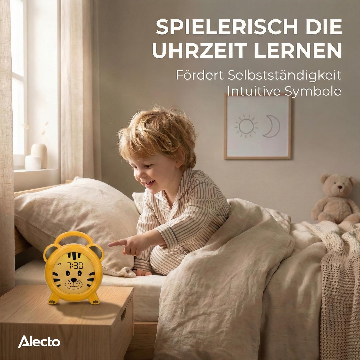 Alecto Monkey Alarm Clock Children - Children's Alarm Clock USB Rechargeable - Children's Alarm Clock with Night Light - Sleep Trainer (Yellow) - BC100TIGER