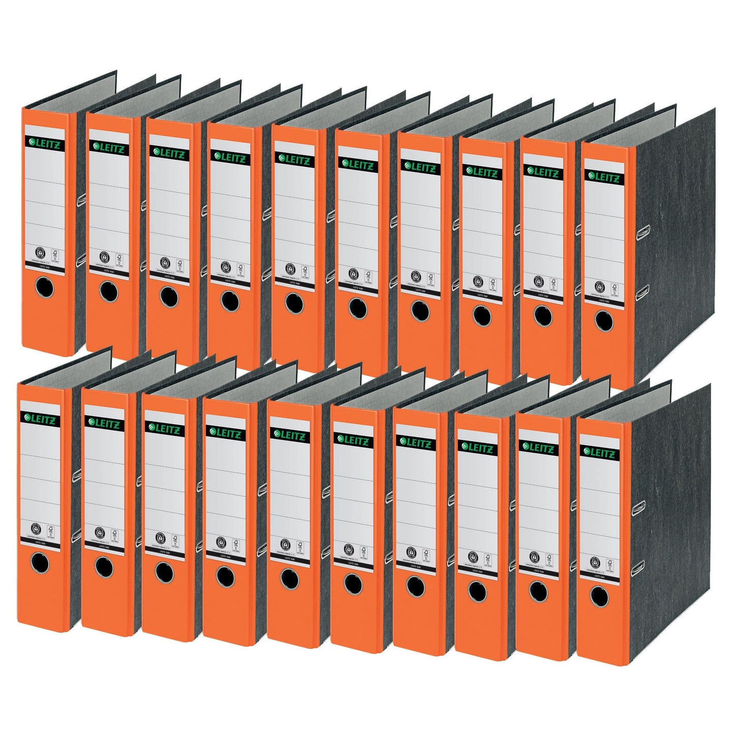 Leitz quality folders 180°, pack of 20, A4, 100 percent recycled cardboard, 8 cm spine width, cloud marble paper, orange spine, 10805045
