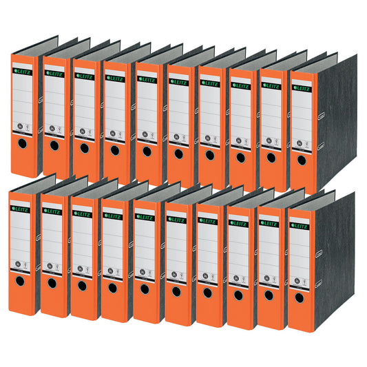 Leitz quality folders 180°, pack of 20, A4, 100 percent recycled cardboard, 8 cm spine width, cloud marble paper, orange spine, 10805045