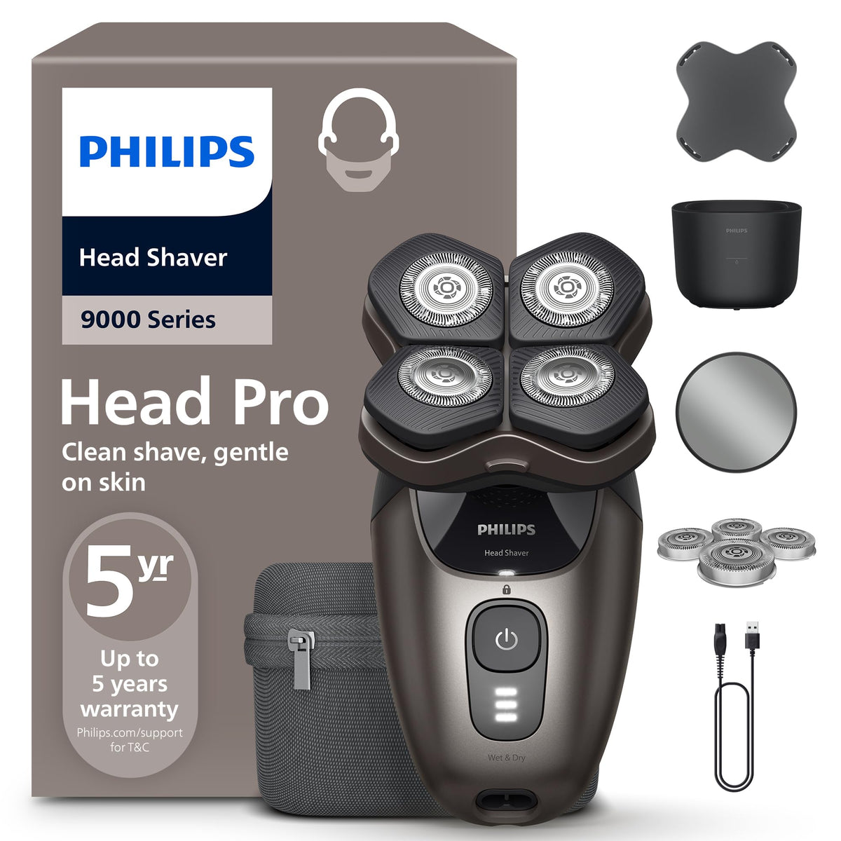 PHILIPS Head Shaver Pro Series 9000 – Rasă pentru bărbați și femei, aparat de ras electric cu cap de tăiere flexibil la 360 de grade și lame ComfortCut, blând cu pielea, model HS9980/15