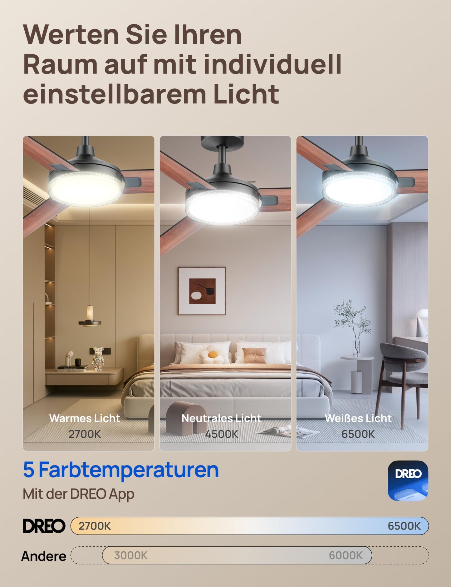 DREO Smart Ceiling Fan with Light, 132cm, 12 Speeds & 3 Modes, Continuous Color Temperature, Dimmable LED, 1-12 Hour Timer, Quiet DC Motor, App & Alexa Control, Wall Switch, Black - DR-HCF004S
