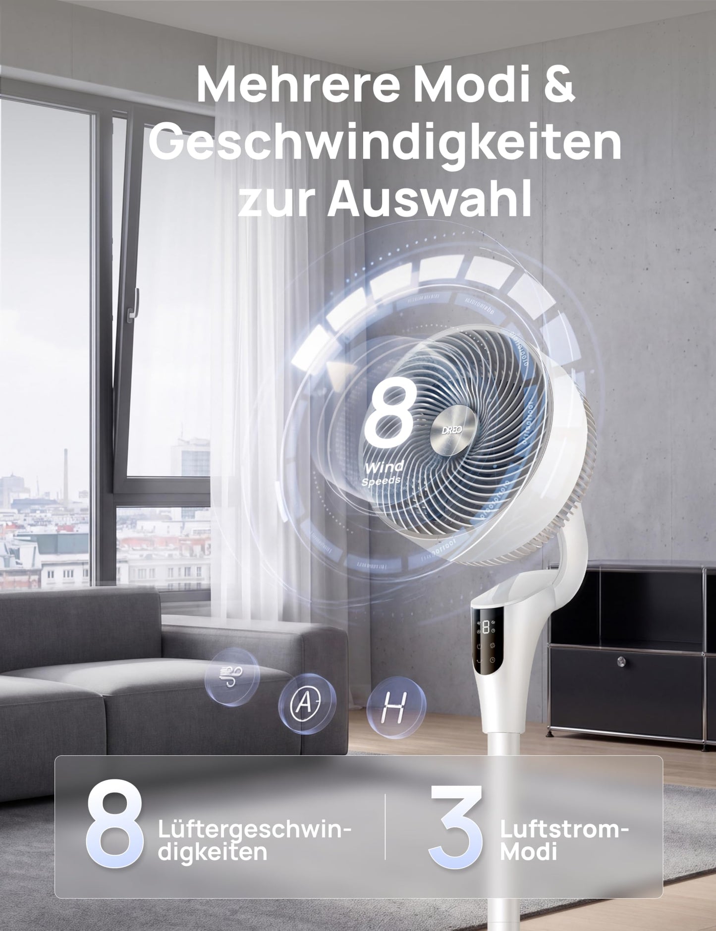 DREO Quiet Stand Fan for Bedroom [Improved], 27m Airflow, Quiet, 90° Oscillating, DC Motor, 8 Speeds, 3 Modes, 96-106cm Height Adjustable, 8H Timer, 105° Manual Tilt - DR-HPF013