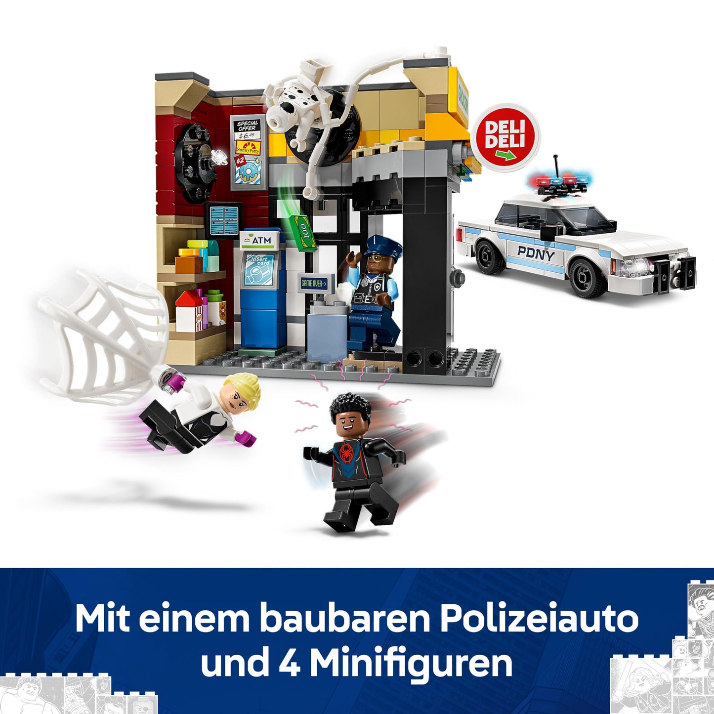 LEGO | Marvel Spider-Verse: Miles Morales vs. Spot - Superhero playset with toy car - 4 minifigures and mini market - Creative gift for boys and girls aged 9 and up - 76311