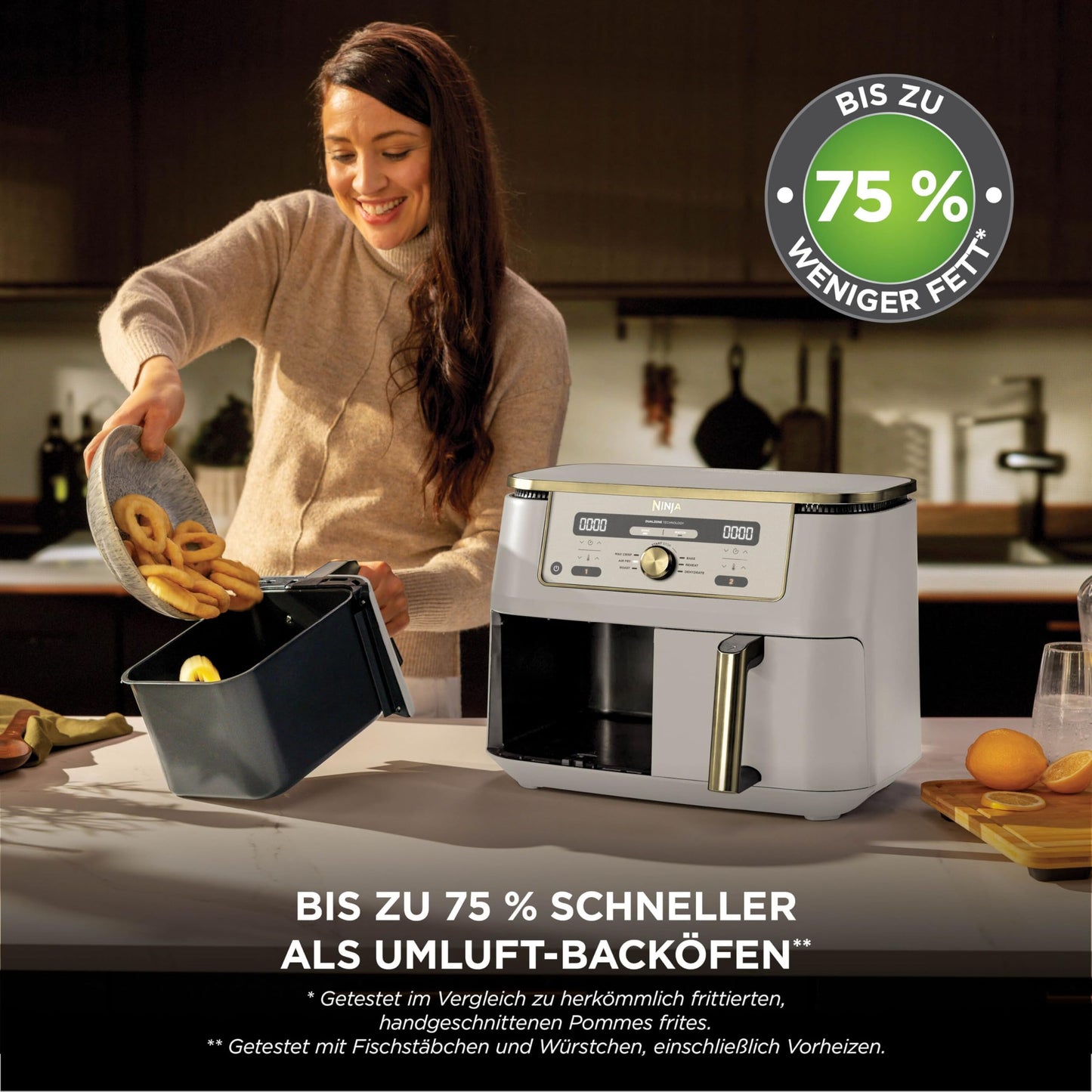 Ninja Dual Zone Digital Air Fryer, 2 Drawer, 6-in-1, Air Fryer, 9.5L, Air Frying, Max Crisp, Roasting, Baking, Reheating, Dishwasher Safe Baskets, Stone/Gold DZ400EUSTGD