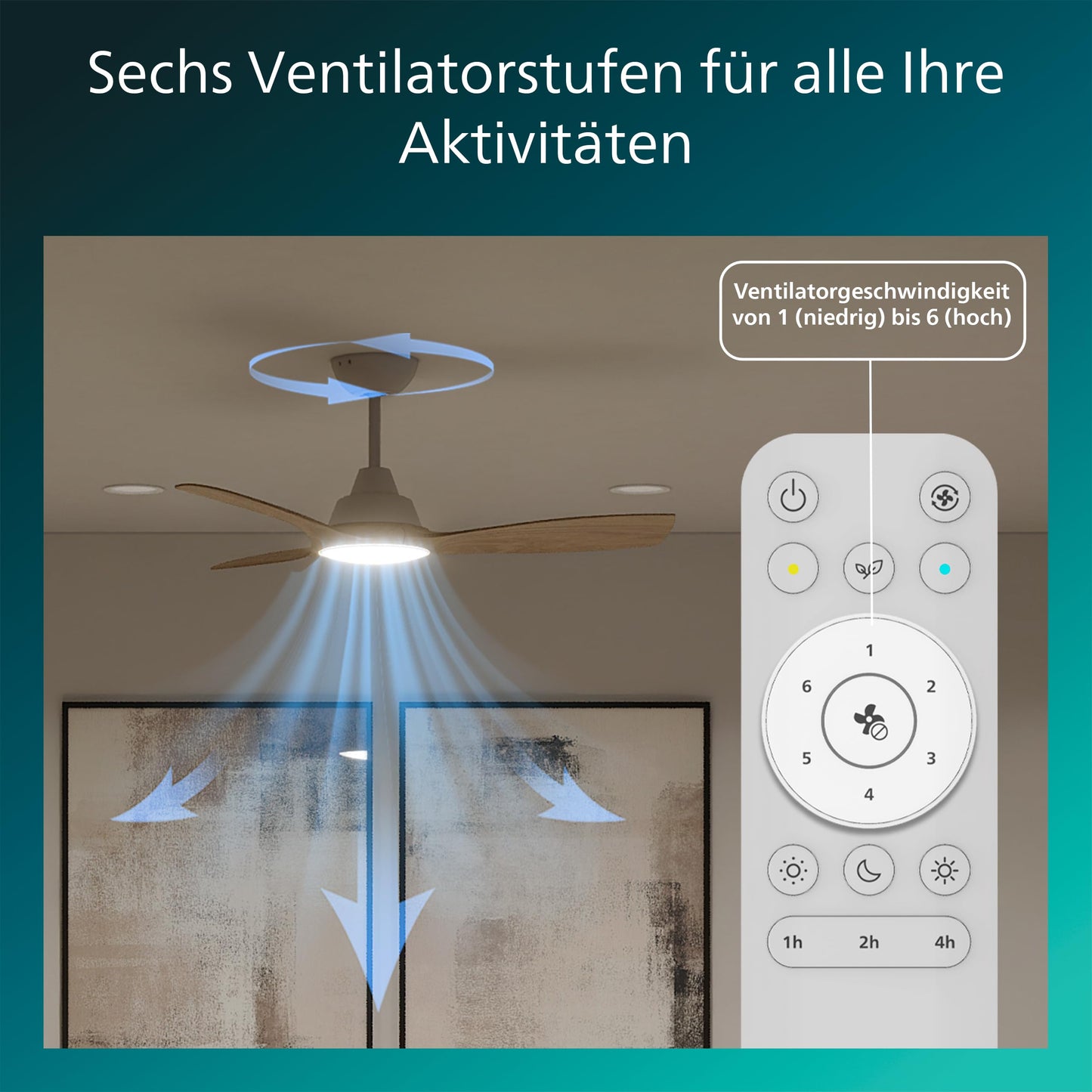 PHILIPS Olas ceiling fan with LED light, 3 blades, 106 cm diameter, 2650 lumens, adjustable white light from 3000 K to 6500 K, dimmable to 5%, including remote control, white/wood, modern - 929004750501