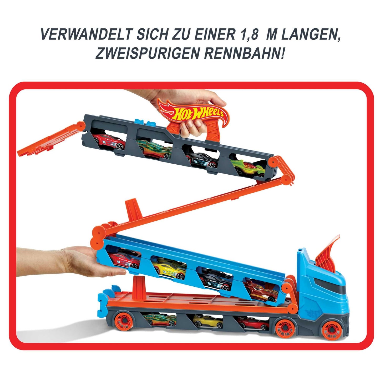 Hot Wheels - 2:1 car racing track to transporter, including 3 toy cars, with double starter, trigger function and switch, space for 20 cars, toys from 4 years, HGH33