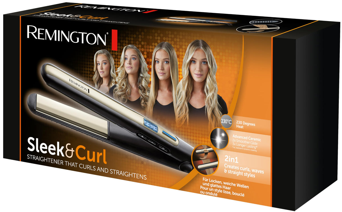 Remington Sleek & Curl Straightener (rounded design - ideal for straightening & styling curls and waves, high-quality ultra-tourmaline ceramic coating) LCD display, 150-230°C, Hair Straightener S6500