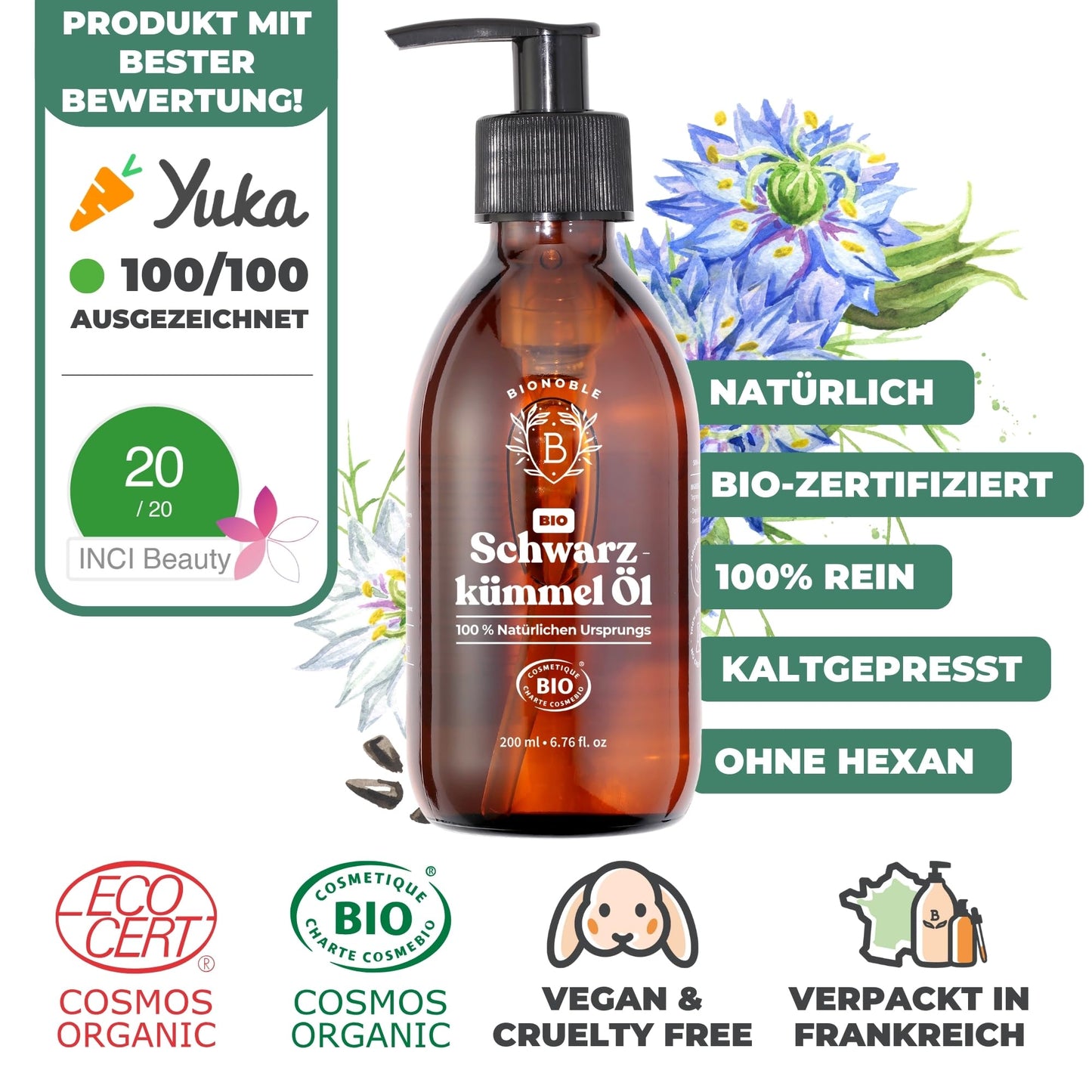 BIONOBLE Black Seed Oil Organic Cold Pressed - 100% Natural, Without Hexane - Alleviates Impurities - Black Seed Oil Face, Hair, Skin - Vegan Black Seed Oil - Glass Bottle, Pump - 200ml - France