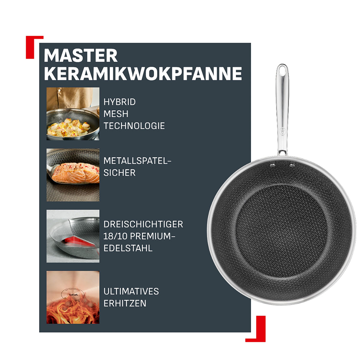 Tefal Master Mesh Wokpfanne cu ceramică, 28 cm, sigură pentru spatula din metal, combinație din oțel inoxidabil și strat de protecție, prăjire perfectă, eliberare ușoară, compatibilă cu inducție, lavabilă în mașina de spălat vase E5331934