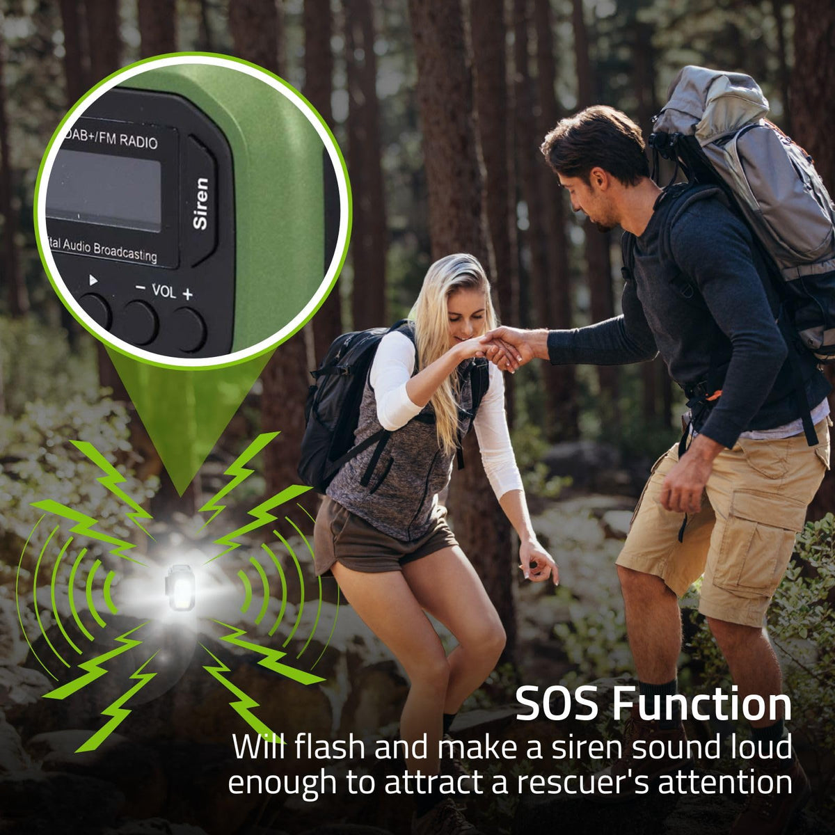 Radio de urgență - Execuție portabilă - DAB+ / FM - Funcționare cu baterii / manivelă / alimentare solară / alimentare prin USB - Ceas deșteptător - Verde / Negru - RDDBCR2000GN