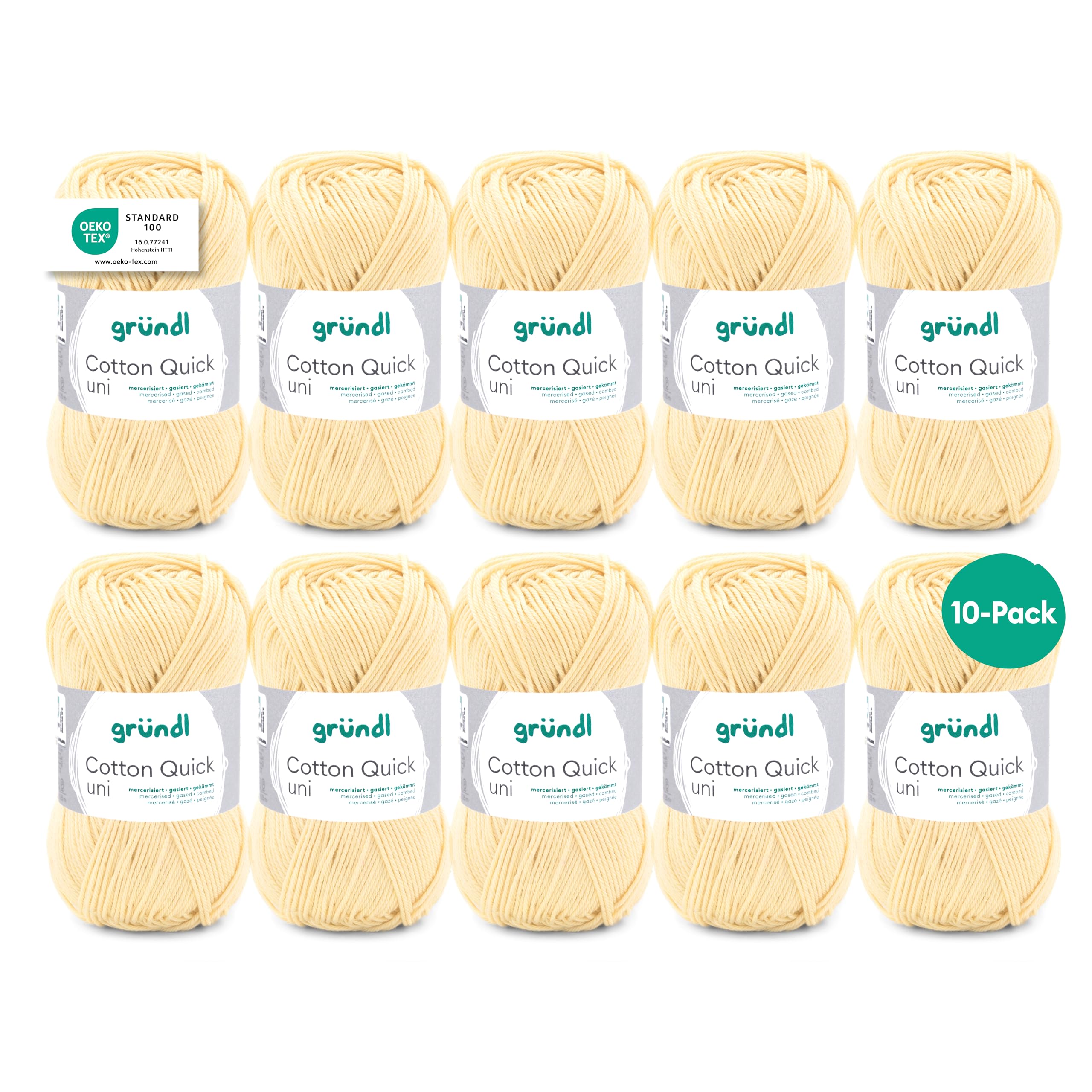 Gründl Wolle Cotton Quick uni - thin wool for crocheting - knitting yarn - crochet yarn - shiny and skin-friendly - 100% cotton - 10 balls 50 g / 125 m - needle size 3-4 - pastel yellow - 865-152