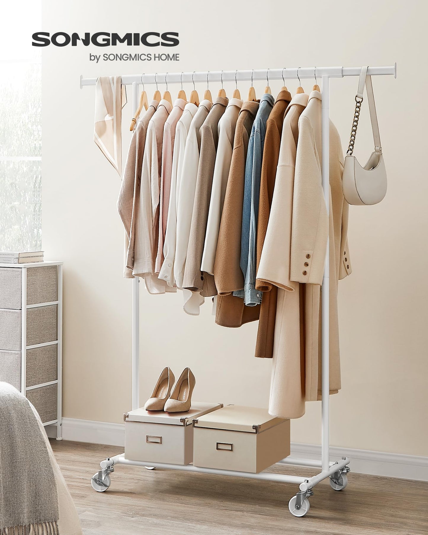 SONGMICS clothes rack on wheels, heavy-duty coat rack, extendable clothes rail, loads up to 100 kg, easy assembly, transportable, white HSR013W01