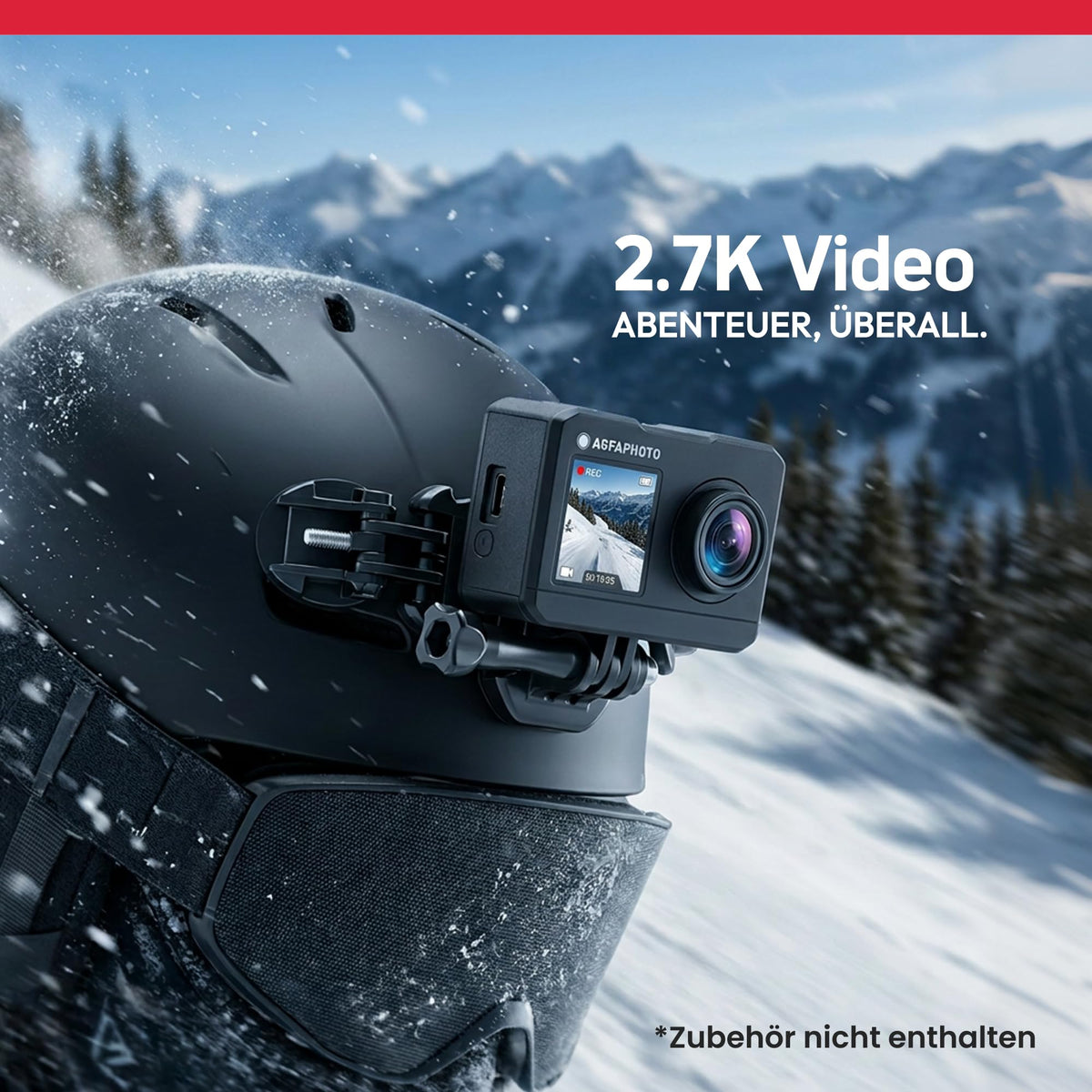 AgfaPhoto - Cameră sport - AC7000 - True 2.7K 30FPS, Ecran tactil dublu, Unghi larg de 120°, Carcasă rezistentă la apă până la 30m - WiFi - 10 accesorii incluse