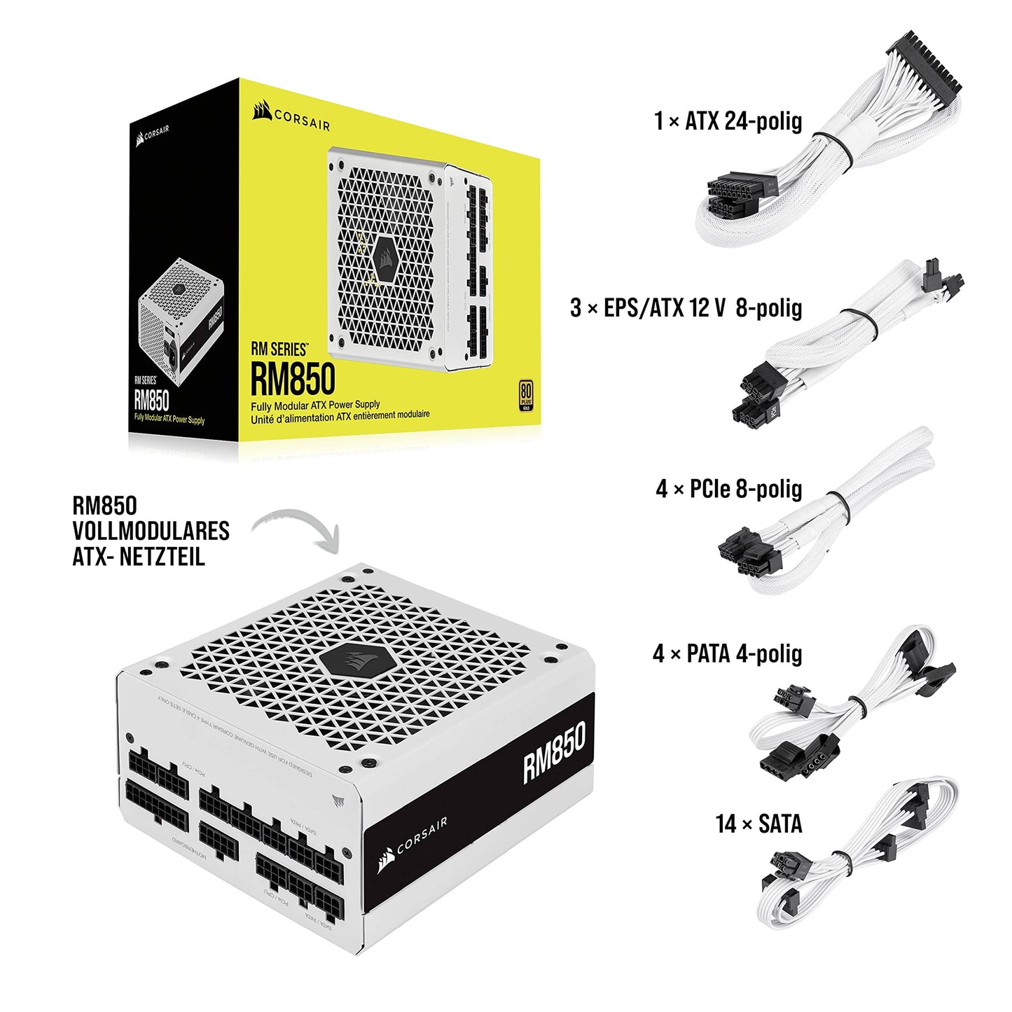 Corsair RM850 (2021), RM Series, 850 Watt 80 Plus Gold Fully Modular ATX Power Supply (Three EPS12V Ports, Quiet Operation, Zero RPM Fan Mode, 105°C Capacitors) White - CP-9020232-EU