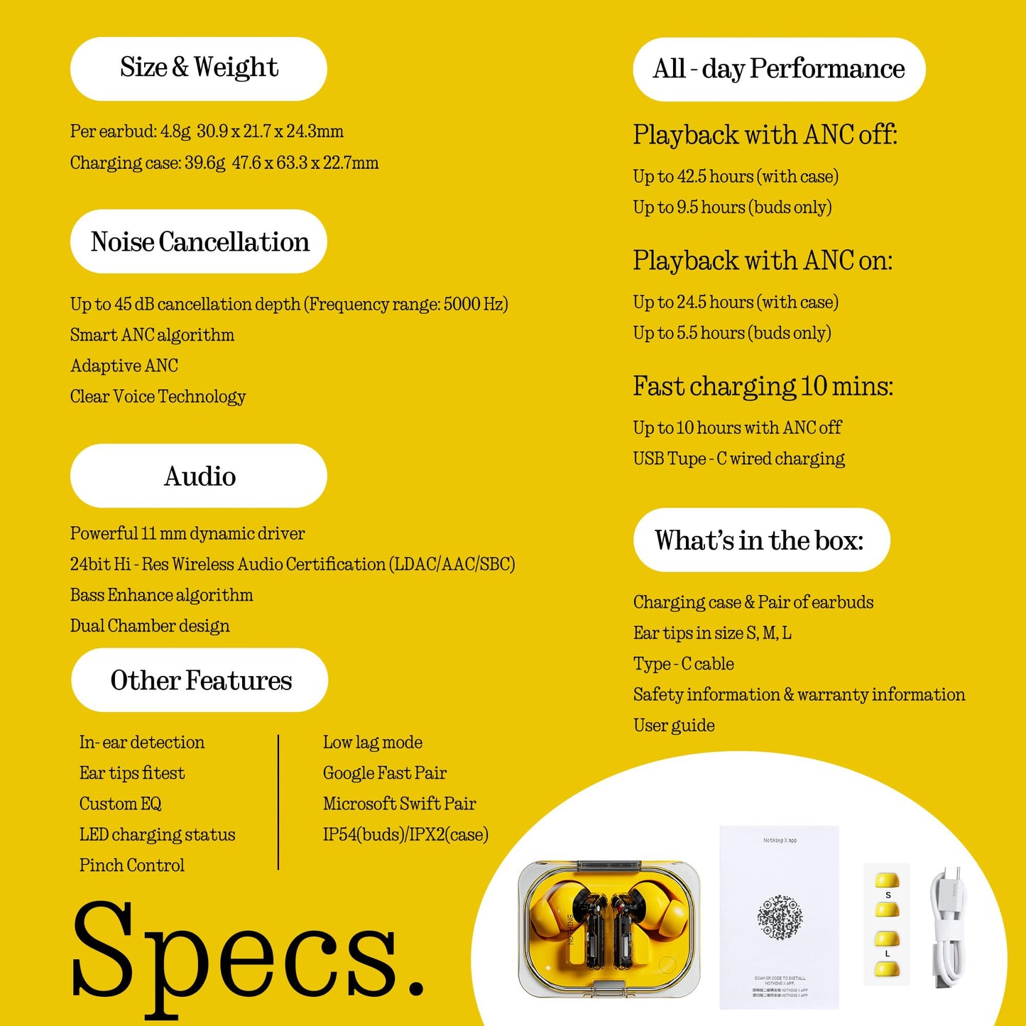 Nothing Ear (a) wireless Bluetooth headphones with ANC, bass enhancement algorithm and up to 42.5 hours of playback time - yellow - B162