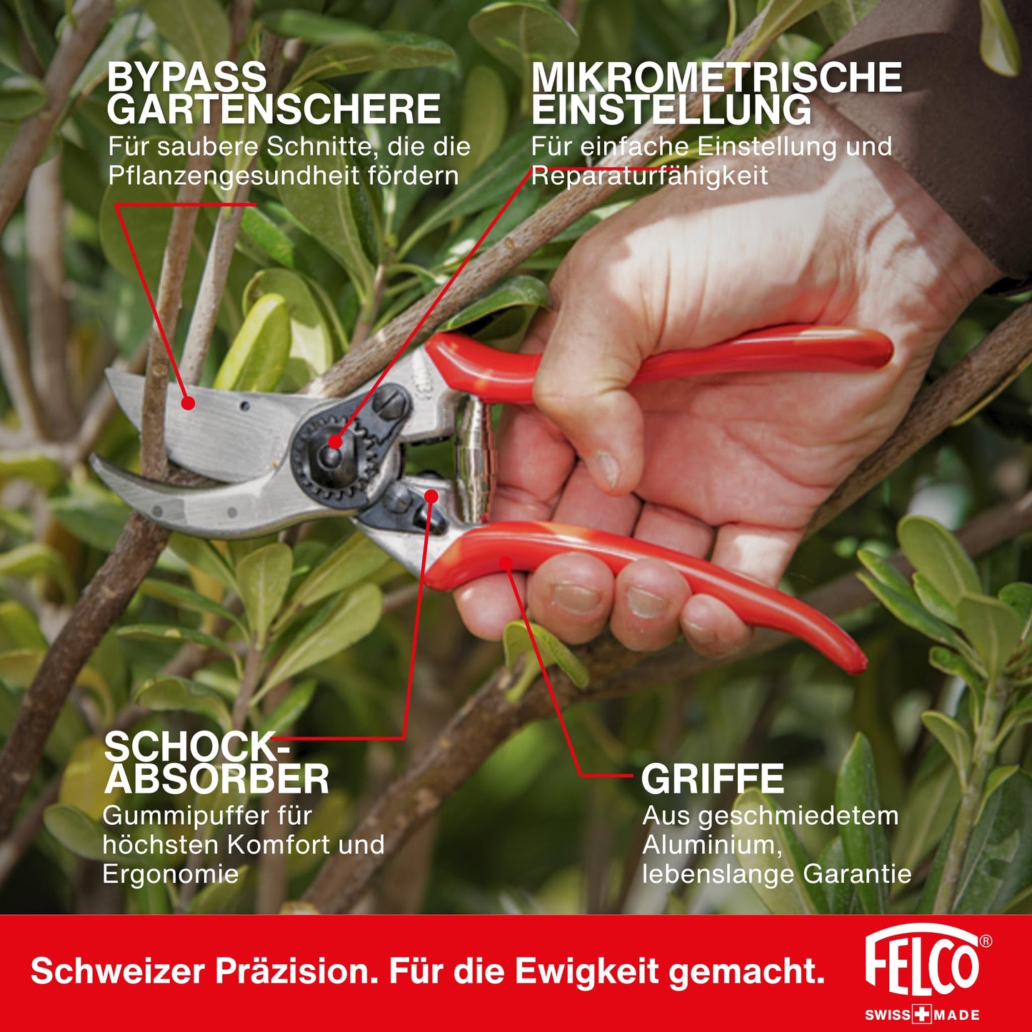 FELCO 2 Professional Right Handed Bypass Pruning Shears, 41mm Hardened Steel Blade, Forged Aluminum Handles, Heavy Duty Tool for Medium to Large Hands, 25mm Cut, Swiss Made - F-2