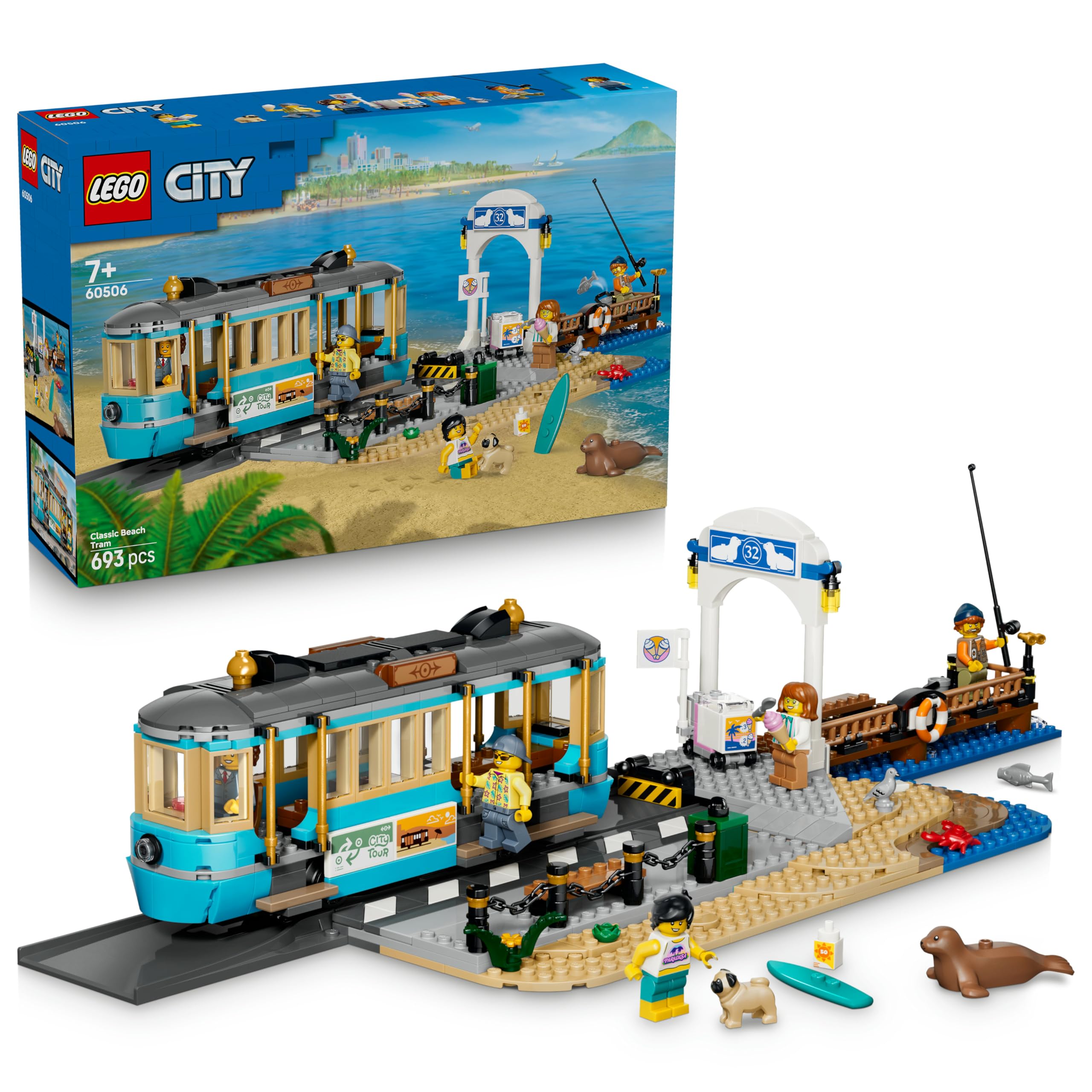 LEGO City Classic Beach Tram Toy - Model Building with Rail Track, Street Scene, 5 Minifigures and 5 Animal Figures - Birthday Gift for Boys Ages 7 and Up - 60506