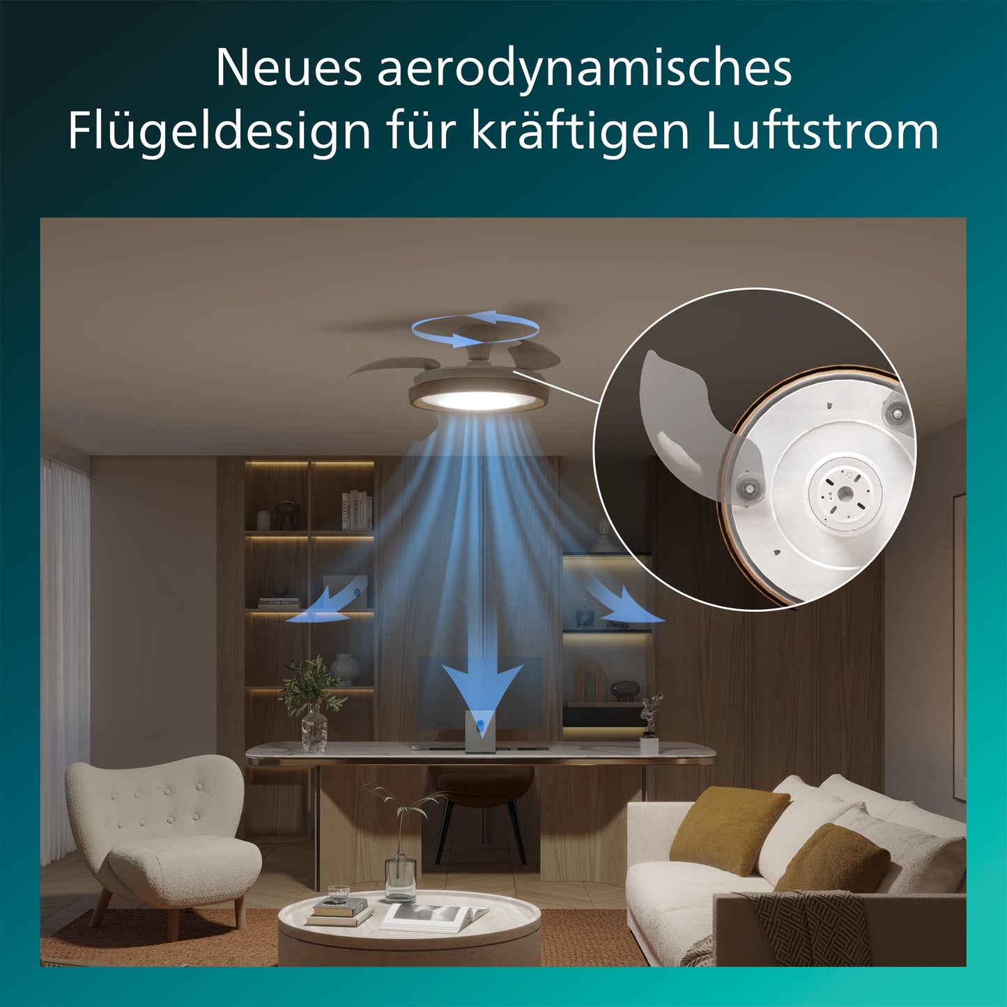 Philips Bliss retractable blade ceiling fan with LED lighting, 3 blades, 106cm wingspan, 3 lighting levels, adjustable white light from 2700K to 5500K, remote control - 929004764301