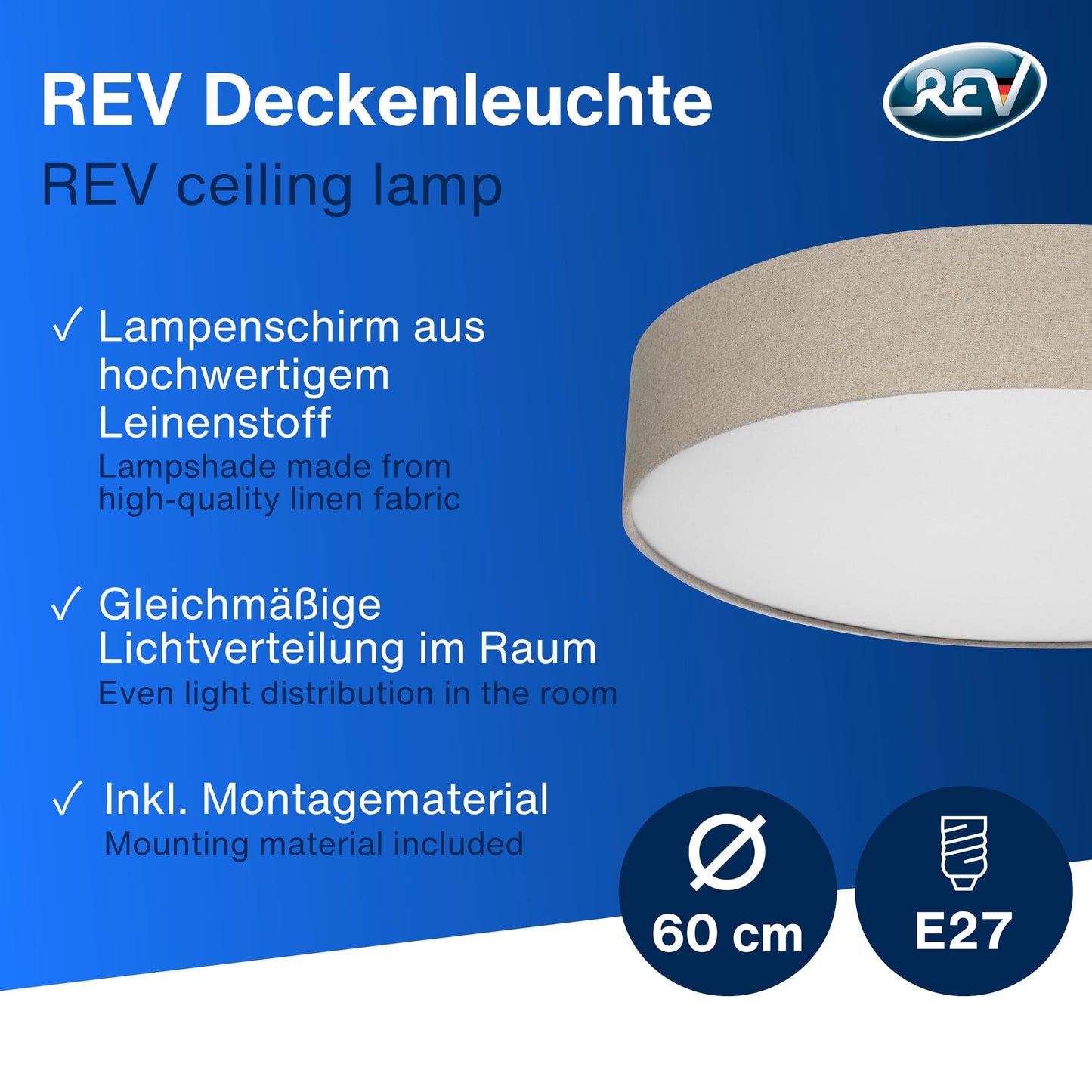 REV ceiling lamp - ceiling light living room, bedroom & kitchen around 60cm with fabric lampshade in a vintage look, taupe - 2021116010