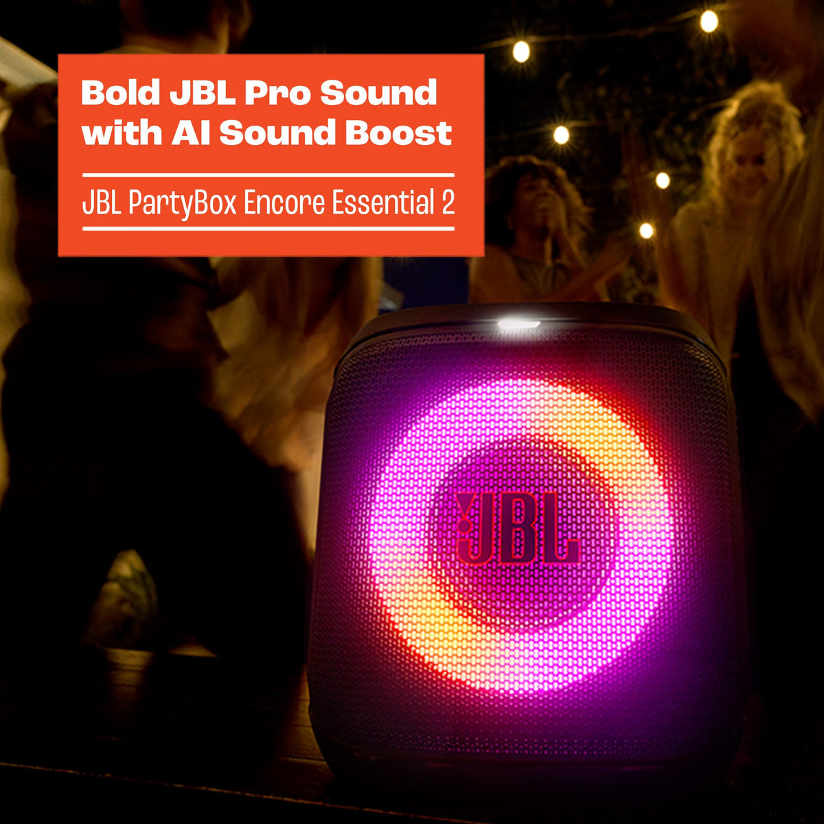 JBL PartyBox Encore Essential 2, difuzor de petrecere Bluetooth fără fir, cu microfon, 15 ore de redare, protecție împotriva stropirii IPX4, sunet JBL Pro, AI Sound Boost și Auracast Multi-Speaker. - JBLPBENCOREESS2EP
